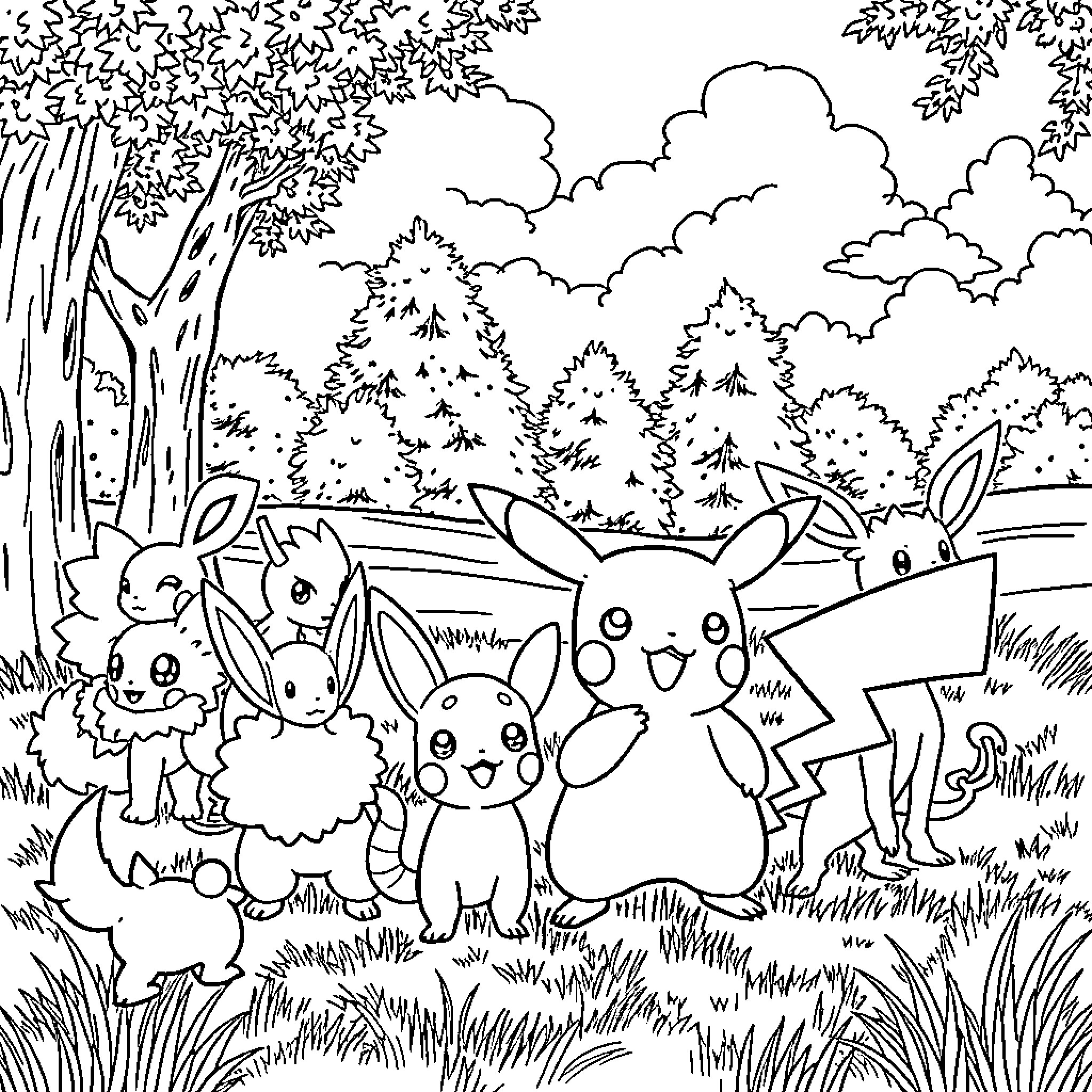 Pikachu and friends playing together in a forest Coloring Page (free black-and-white line drawing printable PDF for all, from beginners to advanced learners, including children, teens, adults, and seniors)