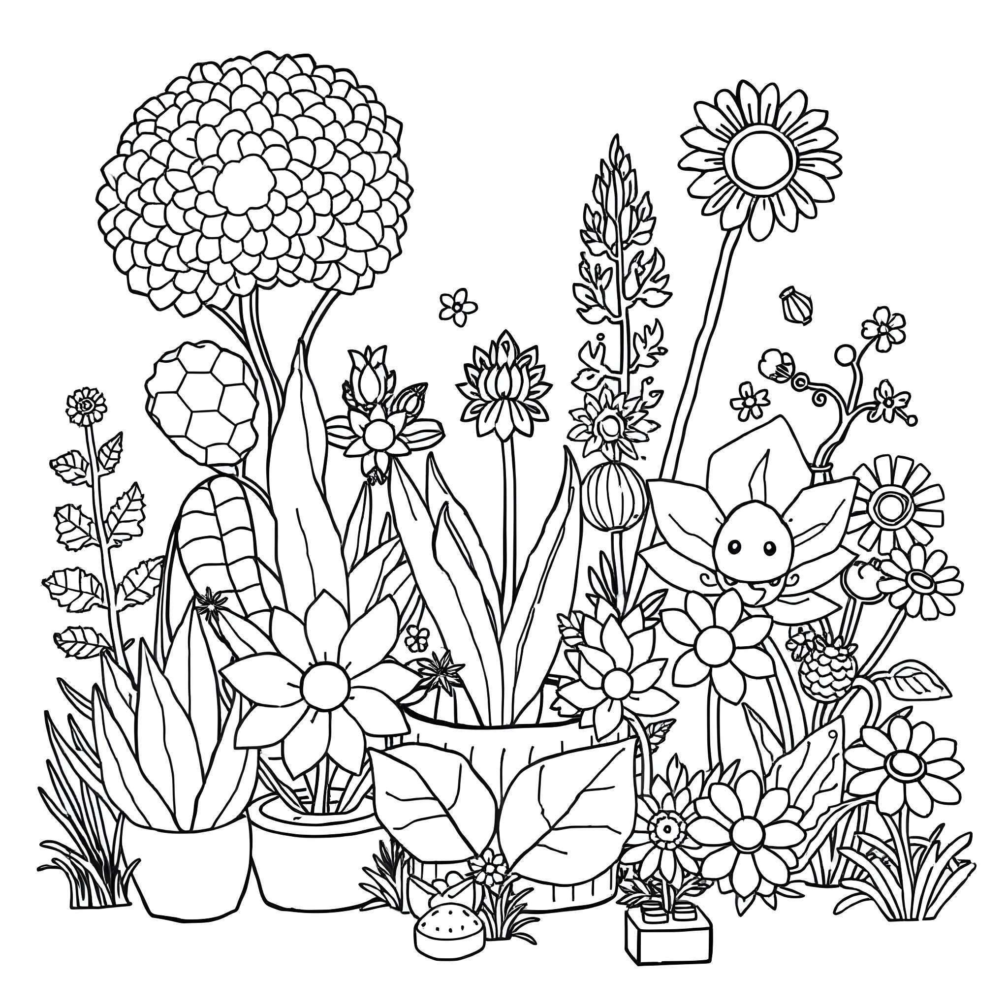 Botanical garden with flowers and plants Coloring Page (free black-and-white line drawing printable PDF for all, from beginners to advanced learners, including children, teens, adults, and seniors)