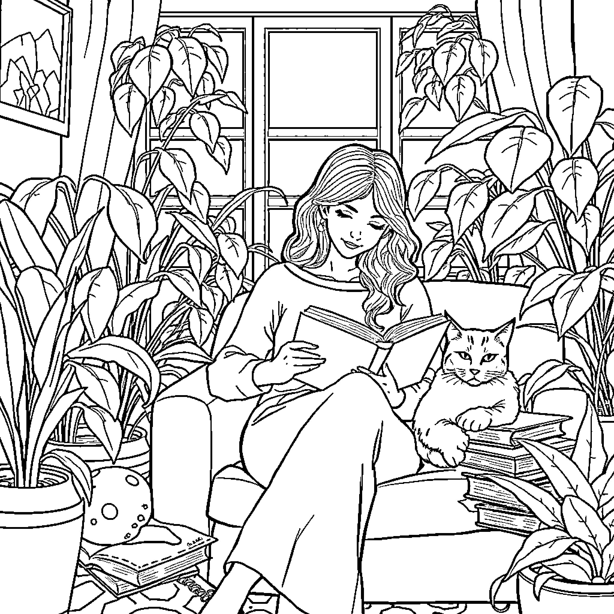 Lady Reading Books with Her Cat in the Garden Coloring Page (free black-and-white line drawing printable PDF for all, from beginners to advanced learners, including children, teens, adults, and seniors)