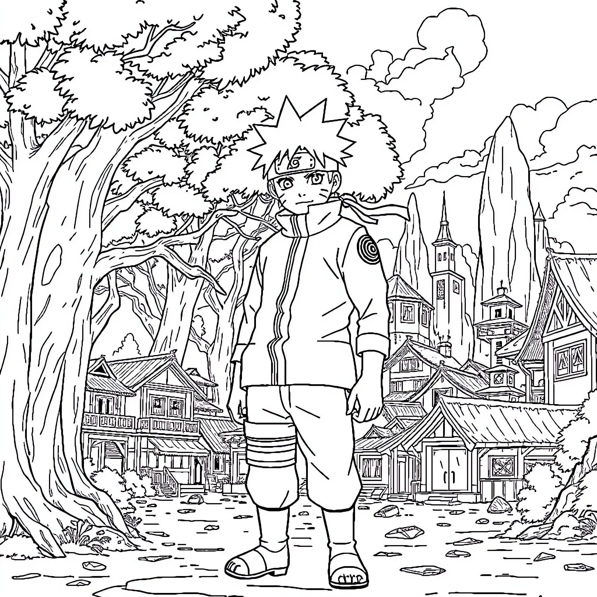 Naruto exploring the vibrant ninja village Coloring Page (free black-and-white line drawing printable PDF for all, from beginners to advanced learners, including children, teens, adults, and seniors)