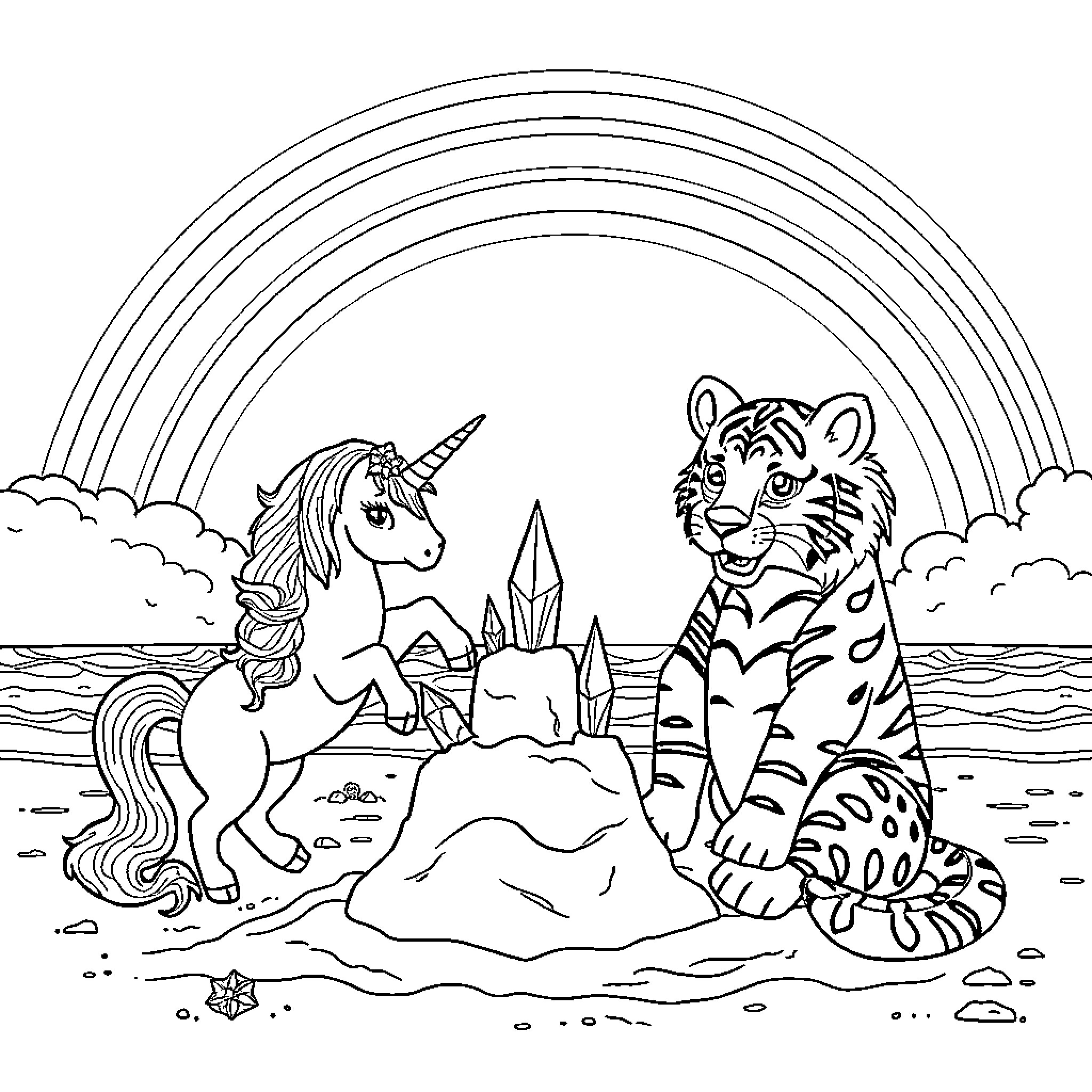 Unicorn and Tiger Playing in a Fantasy Landscape Coloring Page (free black-and-white line drawing printable PDF for all, from beginners to advanced learners, including children, teens, adults, and seniors)