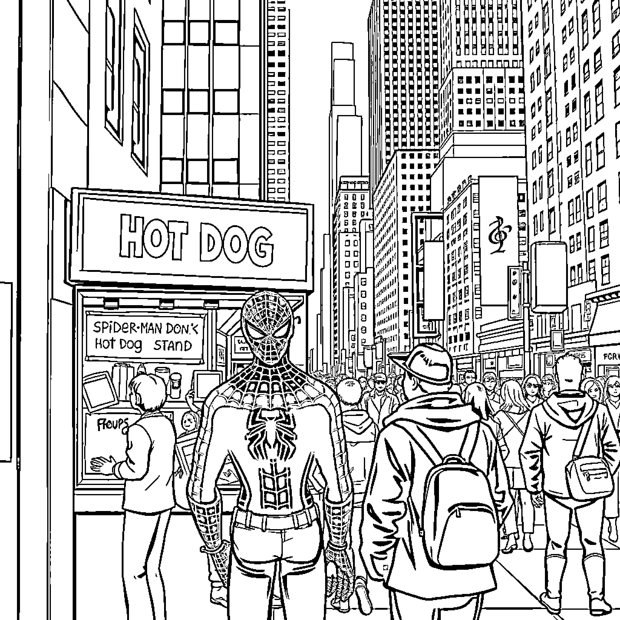Spiderman in New York City Hot Dog Stand Coloring Page (free black-and-white line drawing printable PDF for all, from beginners to advanced learners, including children, teens, adults, and seniors)