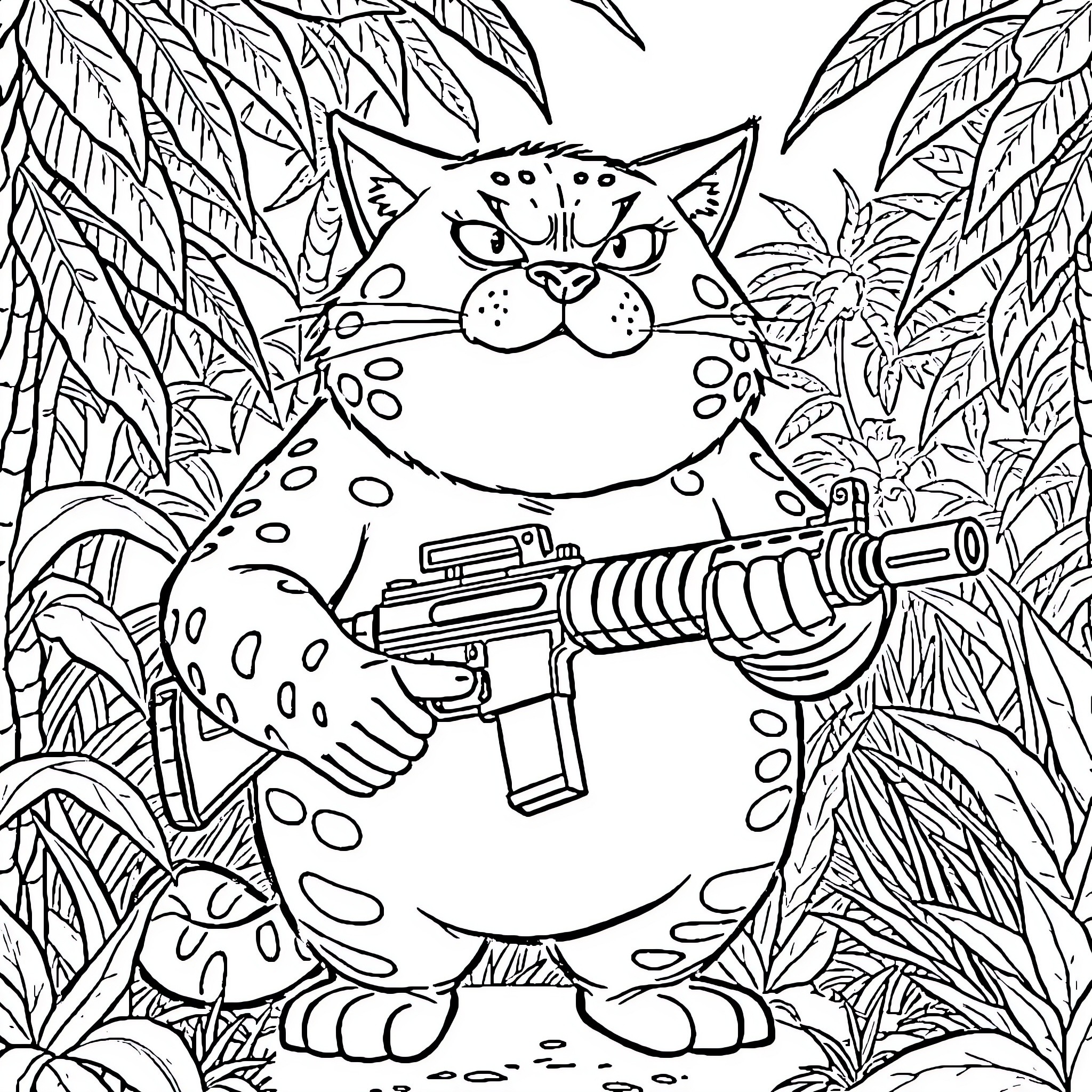 Cat with futuristic weapon in jungle setting Coloring Page (free black-and-white line drawing printable PDF for all, from beginners to advanced learners, including children, teens, adults, and seniors)