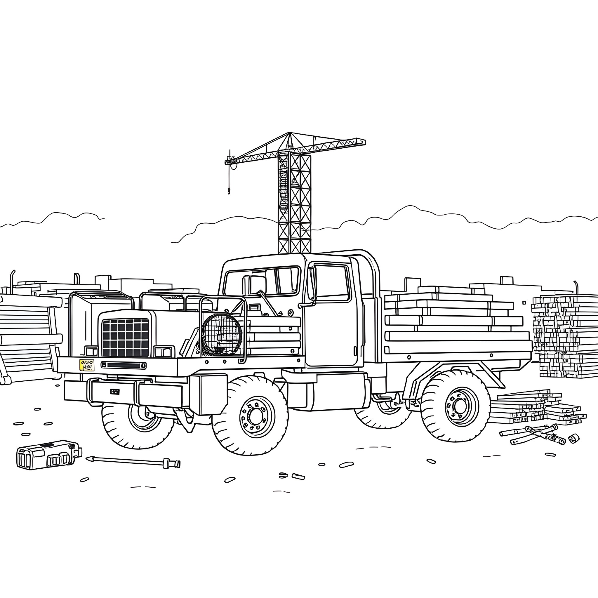Flat Bed Truck Carrying Construction Materials on Site Coloring Page (free black-and-white line drawing printable PDF for all, from beginners to advanced learners, including children, teens, adults, and seniors)