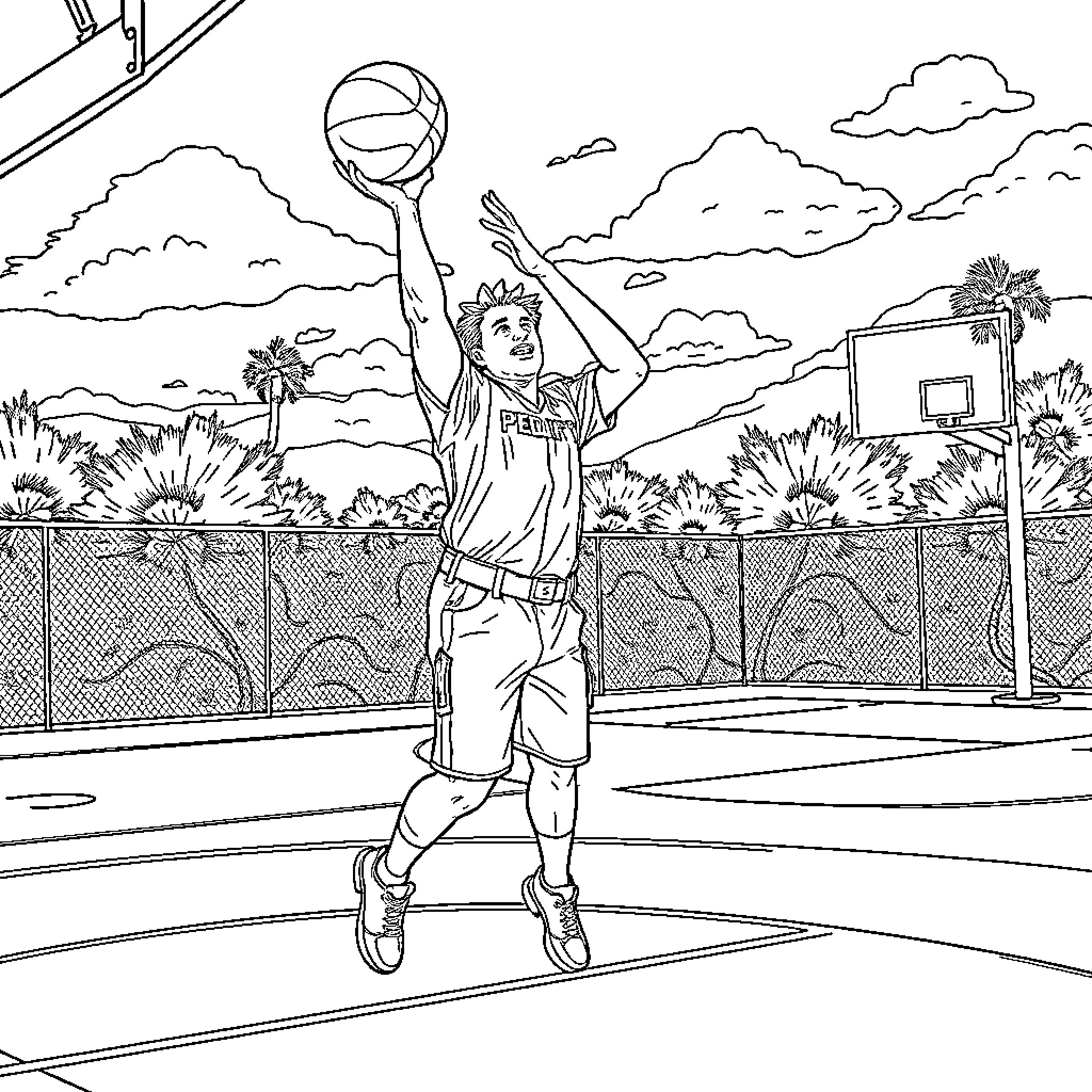 Deputy Takes a Shot on the Basketball Court Coloring Page (free black-and-white line drawing printable PDF for all, from beginners to advanced learners, including children, teens, adults, and seniors)