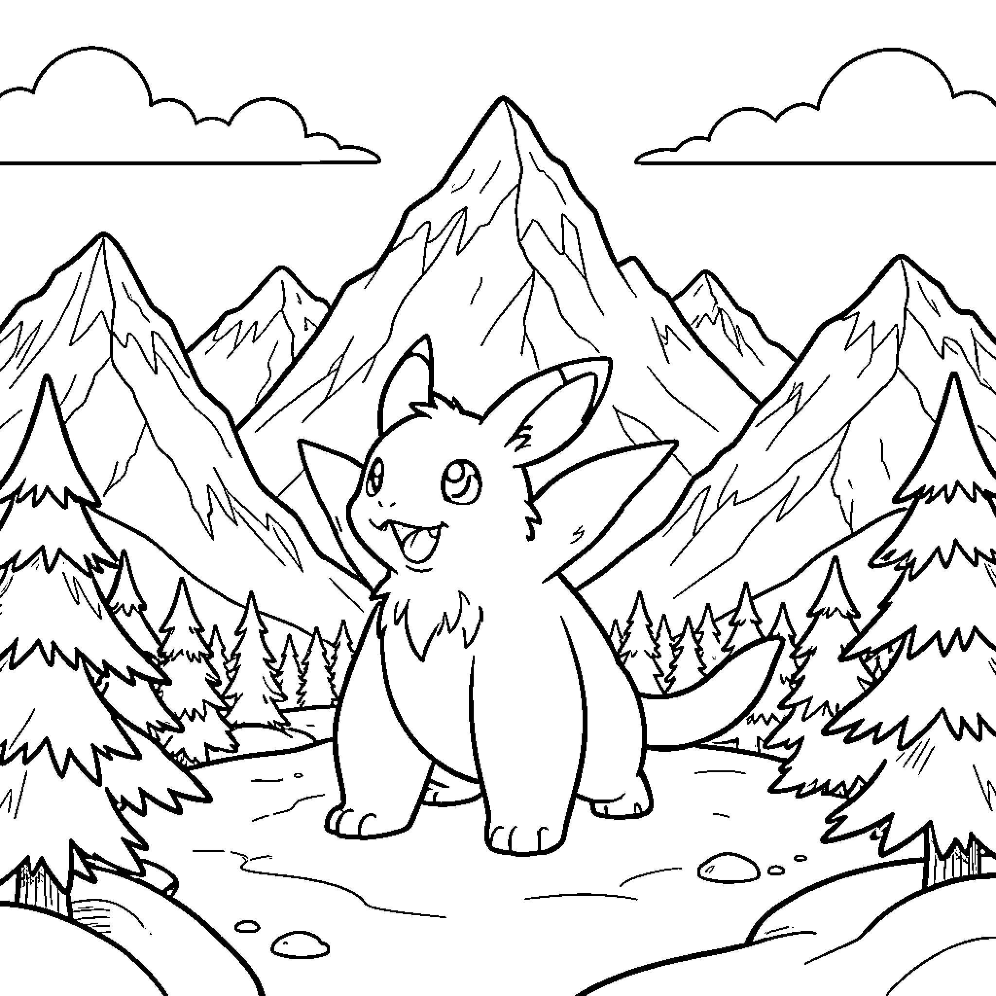 Pokémon standing happily amidst a mountain landscape Coloring Page (free black-and-white line drawing printable PDF for all, from beginners to advanced learners, including children, teens, adults, and seniors)