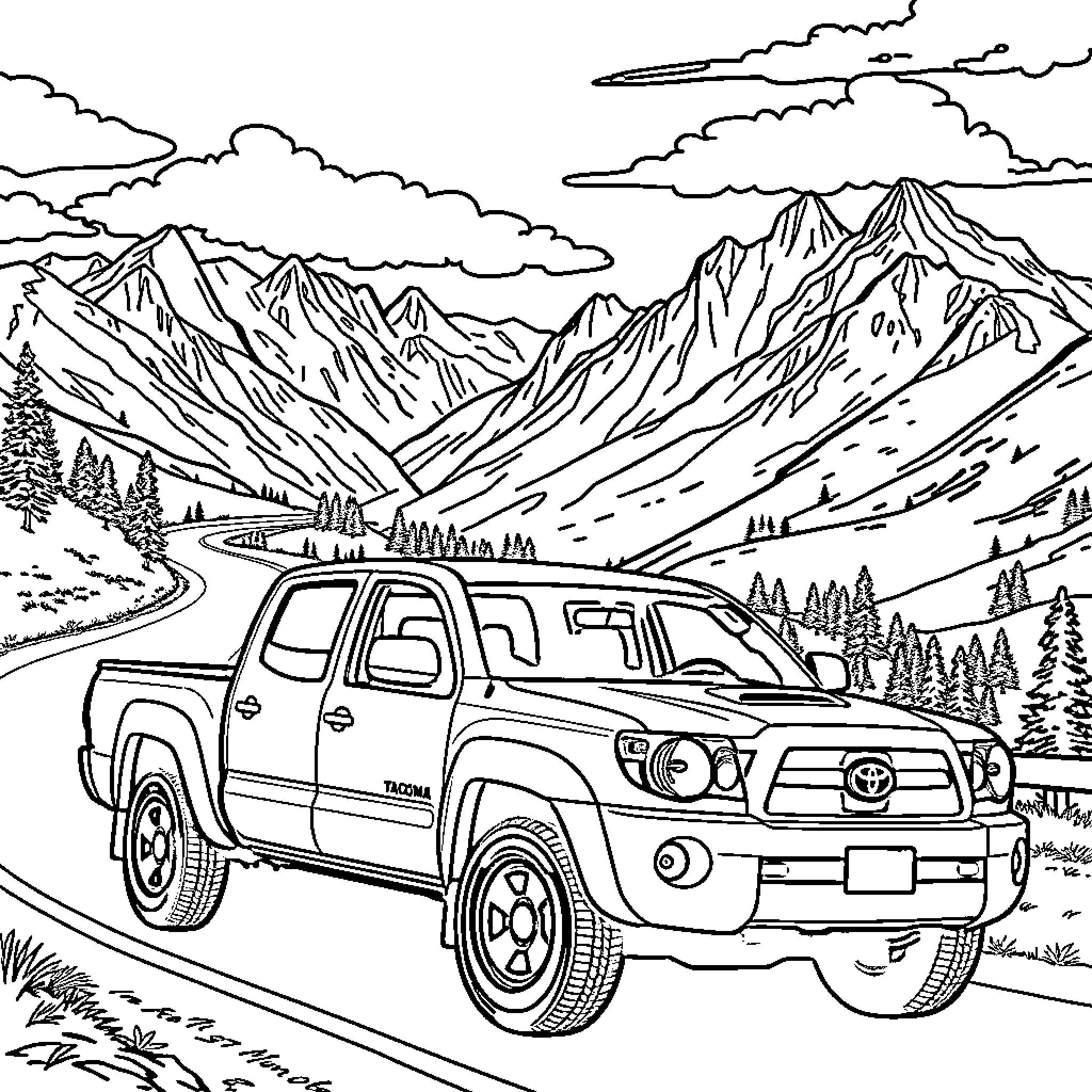 Toyota Tacoma in the mountain landscape Coloring Page (free black-and-white line drawing printable PDF for all, from beginners to advanced learners, including children, teens, adults, and seniors)