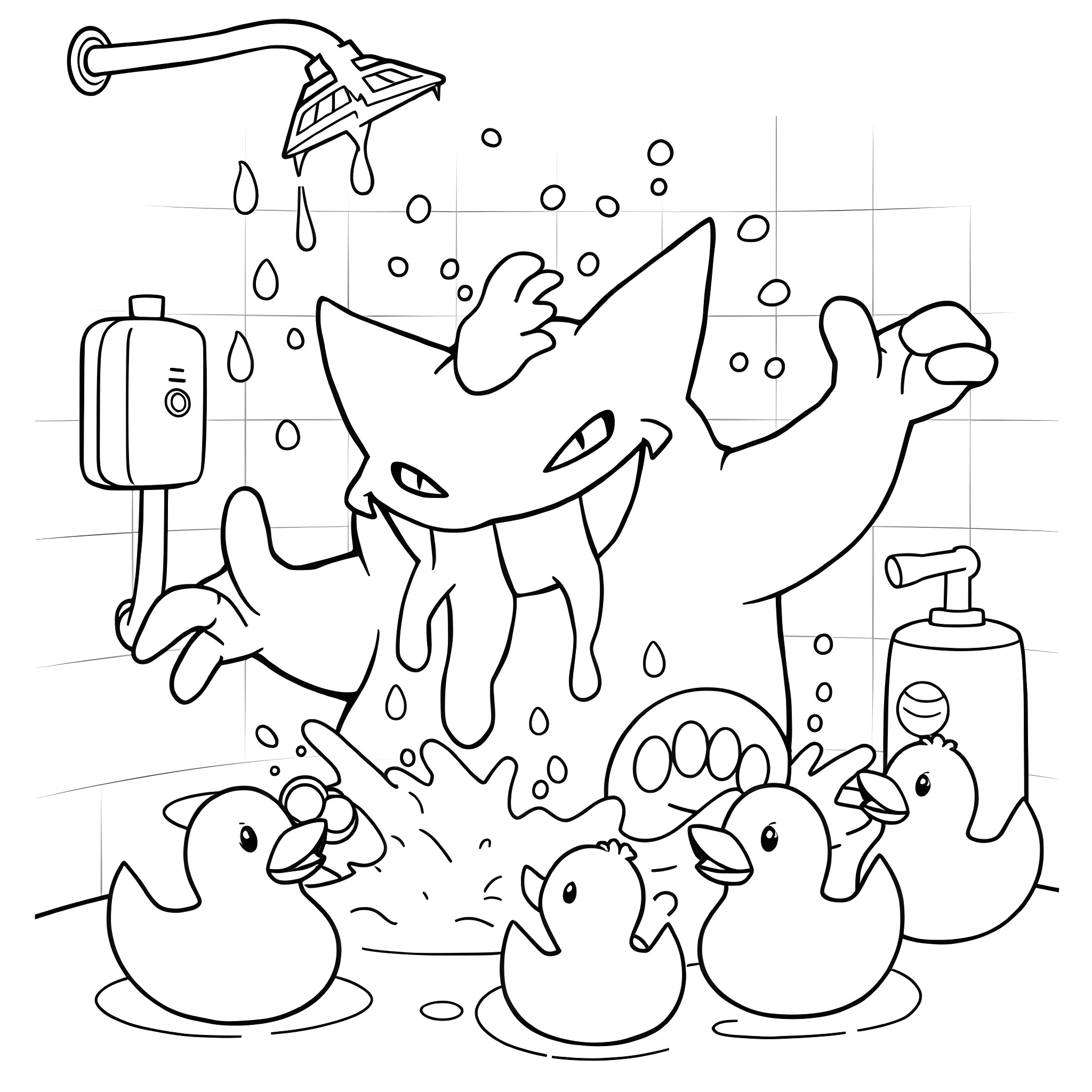 Gengar playing in the shower with rubber duckies Coloring Page (free black-and-white line drawing printable PDF for all, from beginners to advanced learners, including children, teens, adults, and seniors)