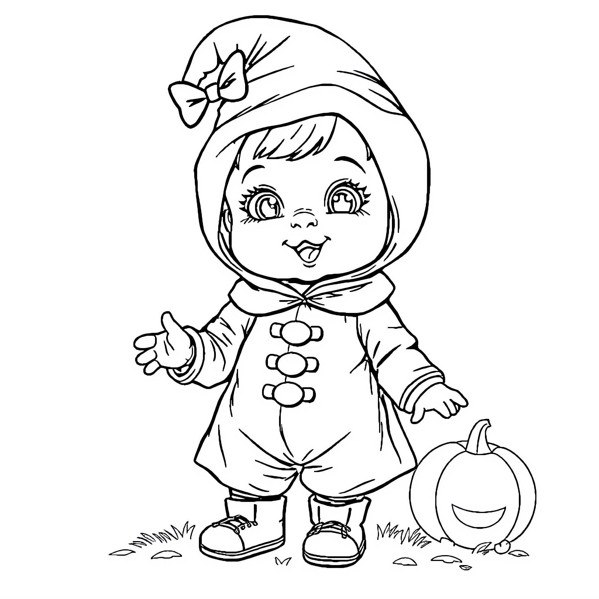 Baby Halloween Outfit and Pumpkin Accessories Coloring Page (free black-and-white line drawing printable PDF for all, from beginners to advanced learners, including children, teens, adults, and seniors)