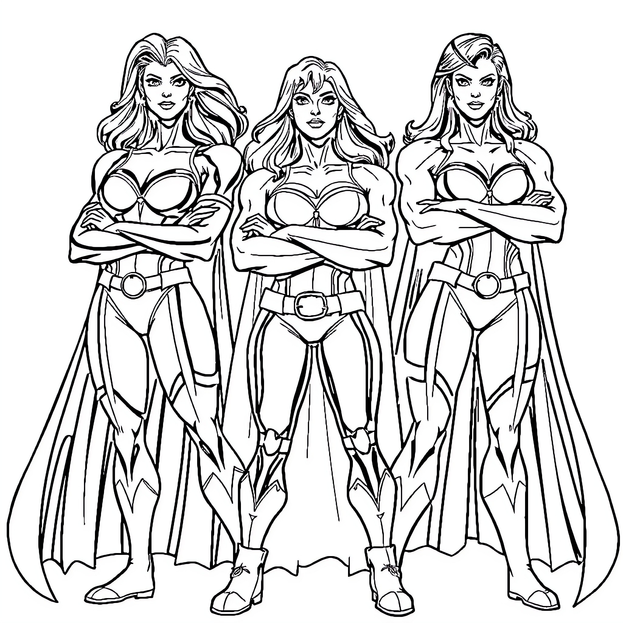 Superwoman Trio in Heroic Attire Coloring Page (free black-and-white line drawing printable PDF for all, from beginners to advanced learners, including children, teens, adults, and seniors)