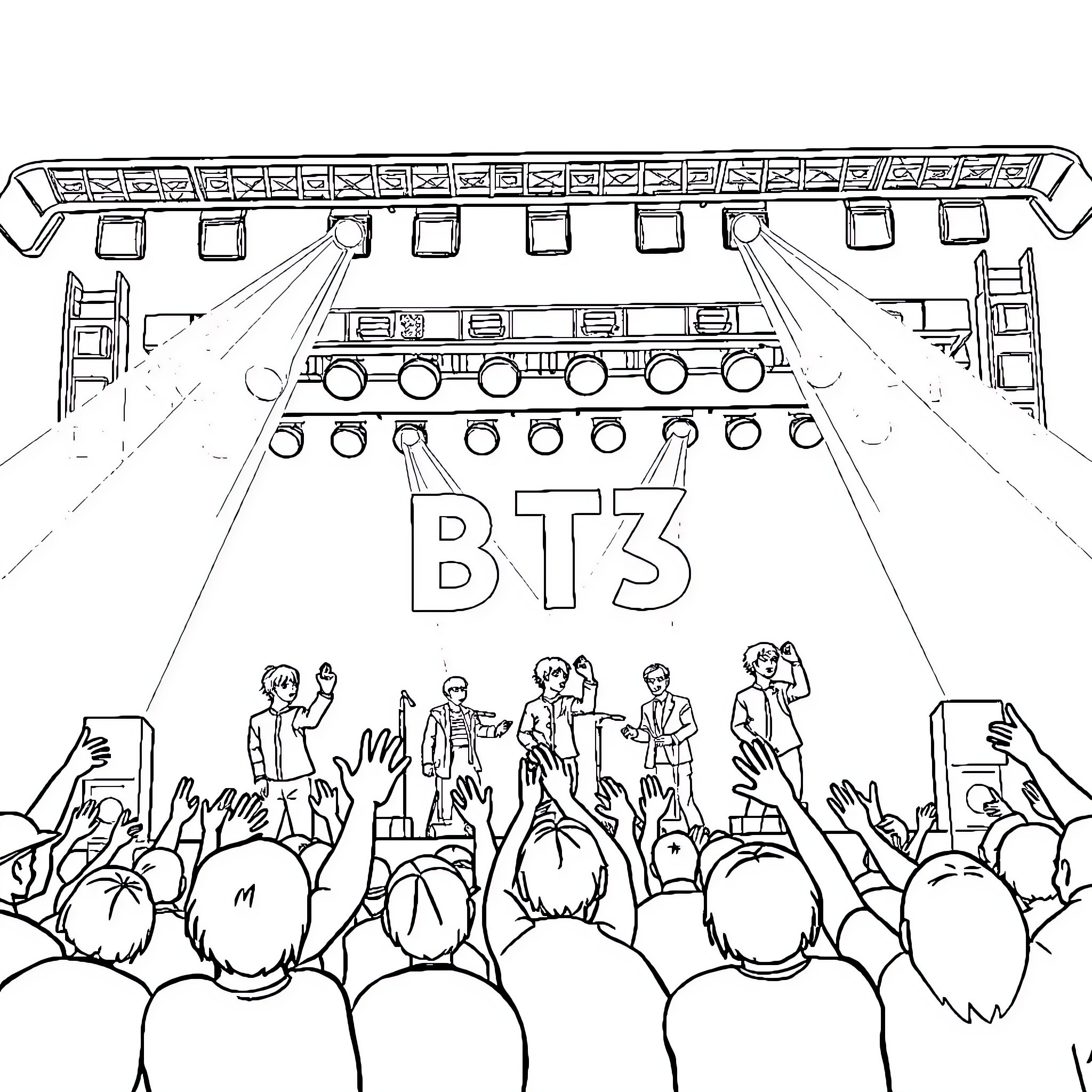 BTS Performing on Stage with Energetic Crowd Coloring Page (free black-and-white line drawing printable PDF for all, from beginners to advanced learners, including children, teens, adults, and seniors)