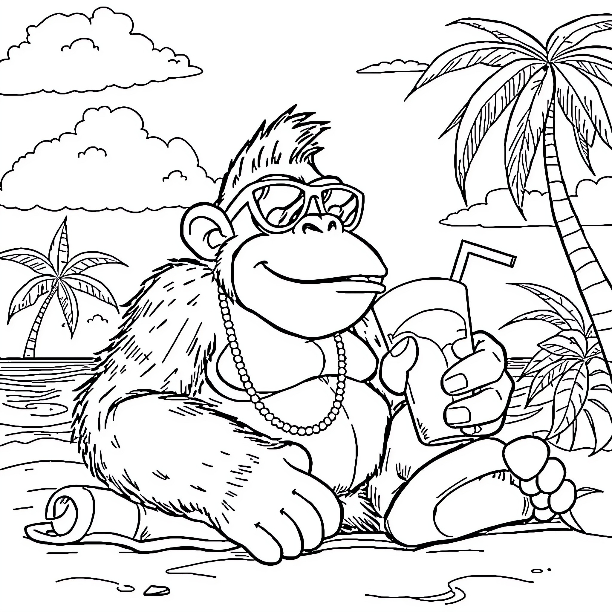Donkey Kong relaxing on the beach with tropical scenery Coloring Page (free black-and-white line drawing printable PDF for all, from beginners to advanced learners, including children, teens, adults, and seniors)