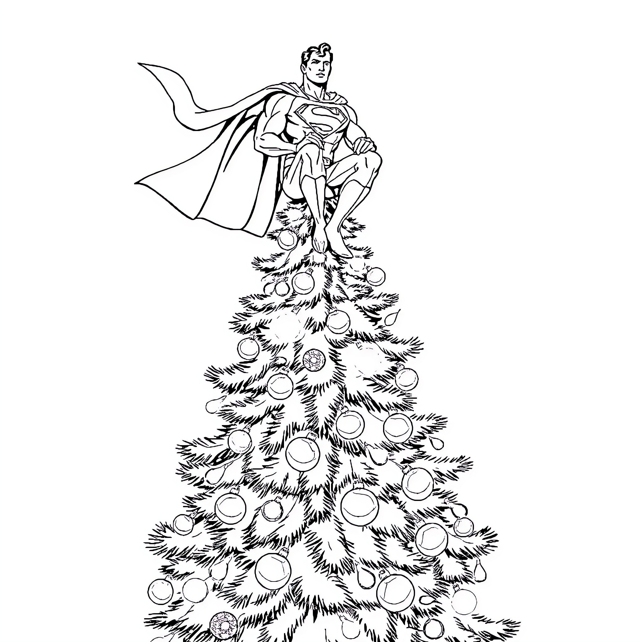 Superman decorating the Christmas tree Coloring Page (free black-and-white line drawing printable PDF for all, from beginners to advanced learners, including children, teens, adults, and seniors)