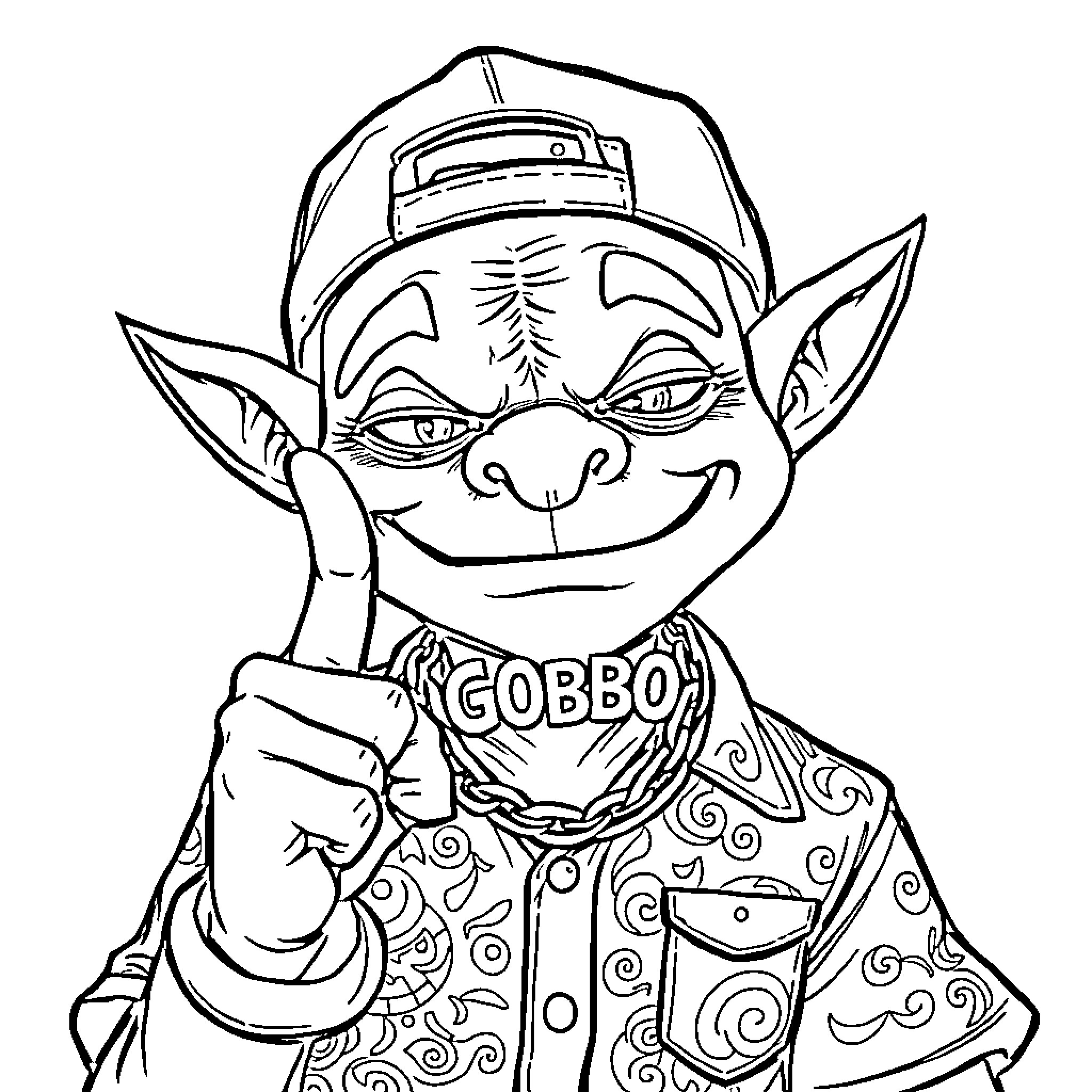 Goblin character with a hat and thumbs up gesture Coloring Page (free black-and-white line drawing printable PDF for all, from beginners to advanced learners, including children, teens, adults, and seniors)