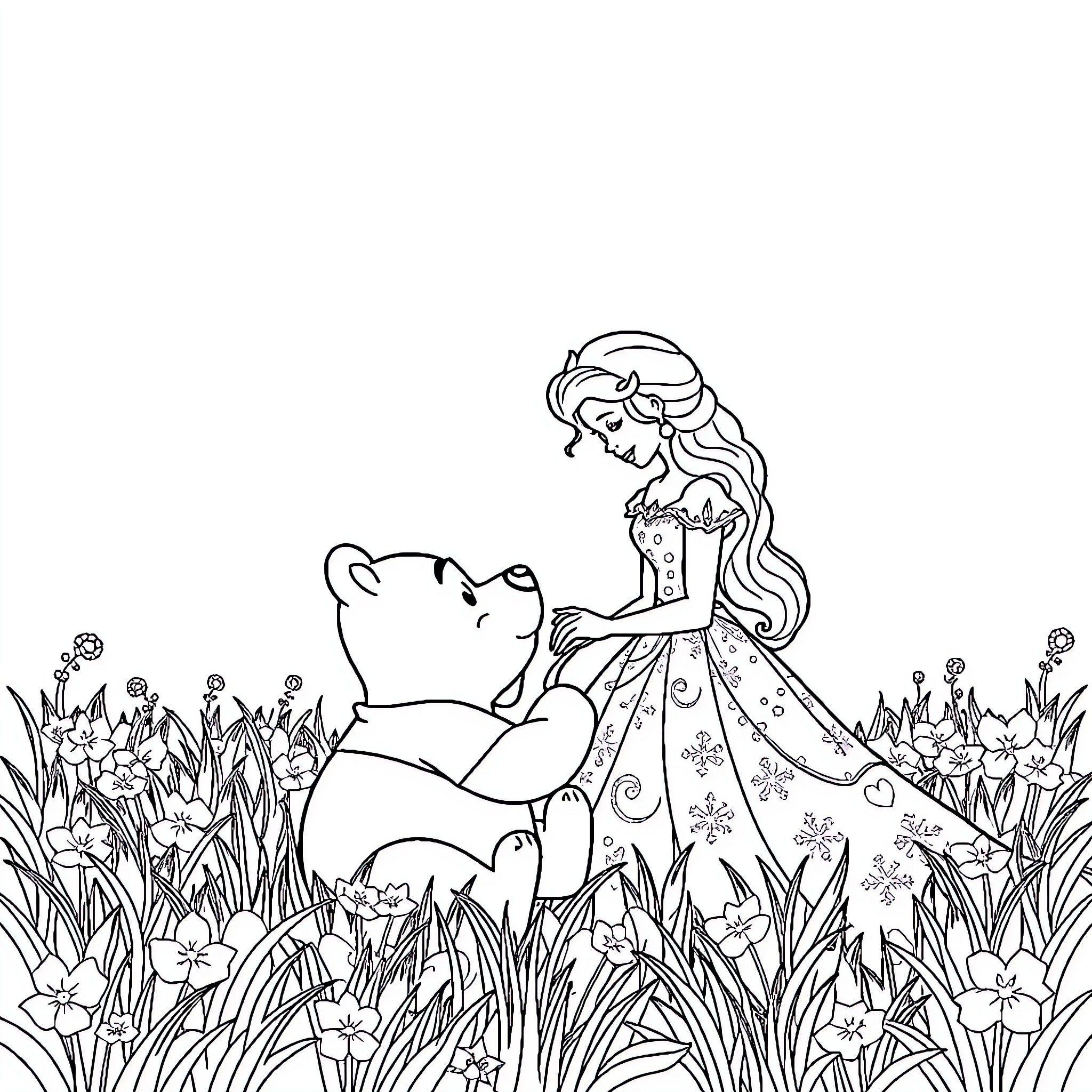 Princess Embracing Adorable Bear in Floral Garden Coloring Page (free black-and-white line drawing printable PDF for all, from beginners to advanced learners, including children, teens, adults, and seniors)