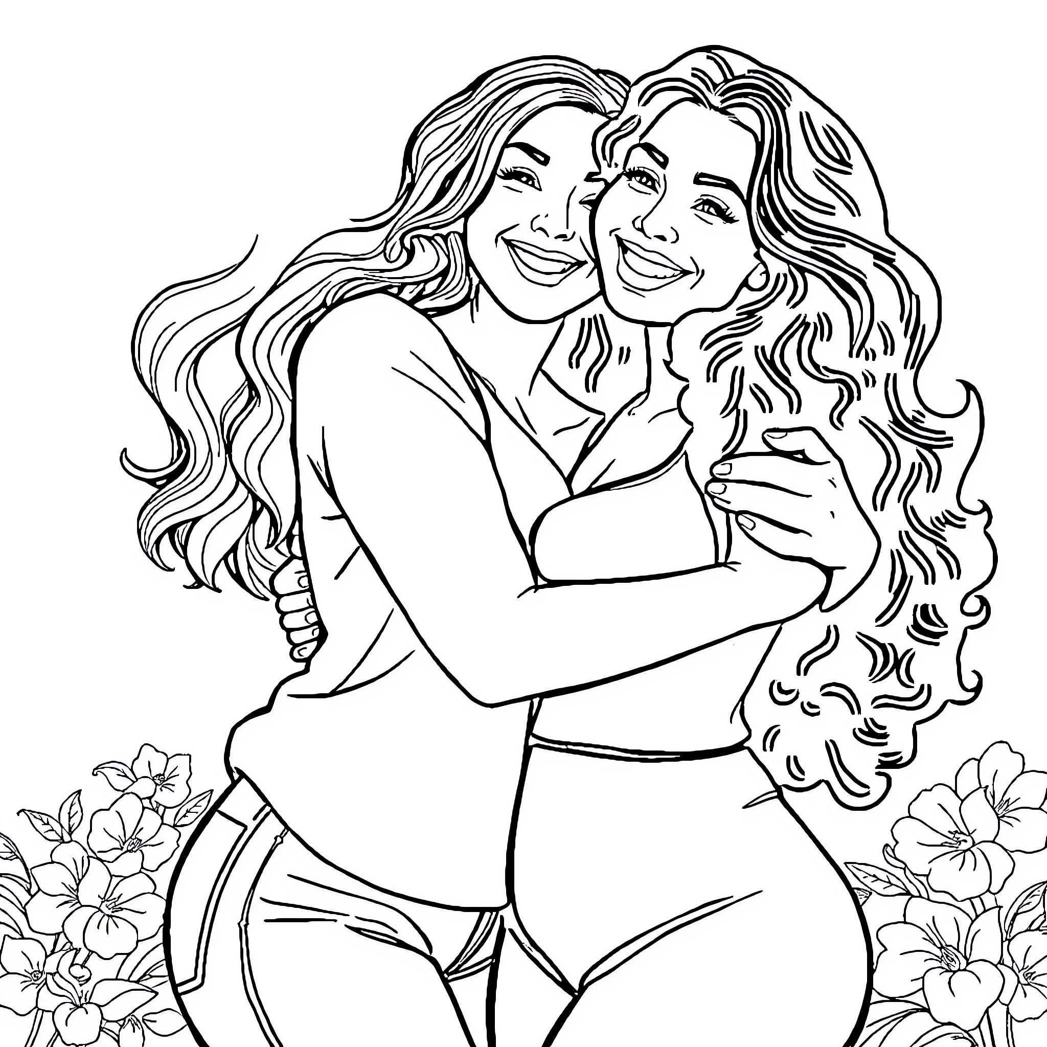 Woman sharing a warm embrace with another woman Coloring Page (free black-and-white line drawing printable PDF for all, from beginners to advanced learners, including children, teens, adults, and seniors)