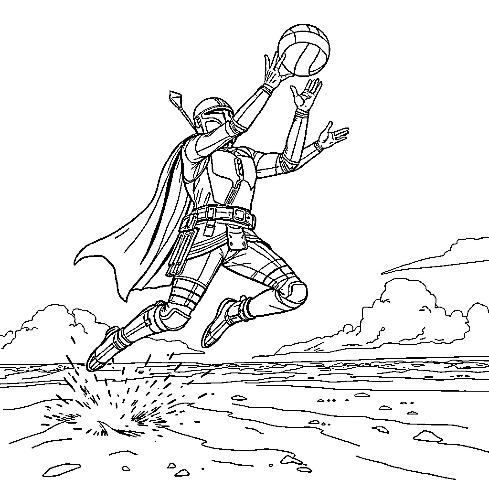 Din Djarin soars through the sky on a dangerous mission Coloring Page (free black-and-white line drawing printable PDF for all, from beginners to advanced learners, including children, teens, adults, and seniors)