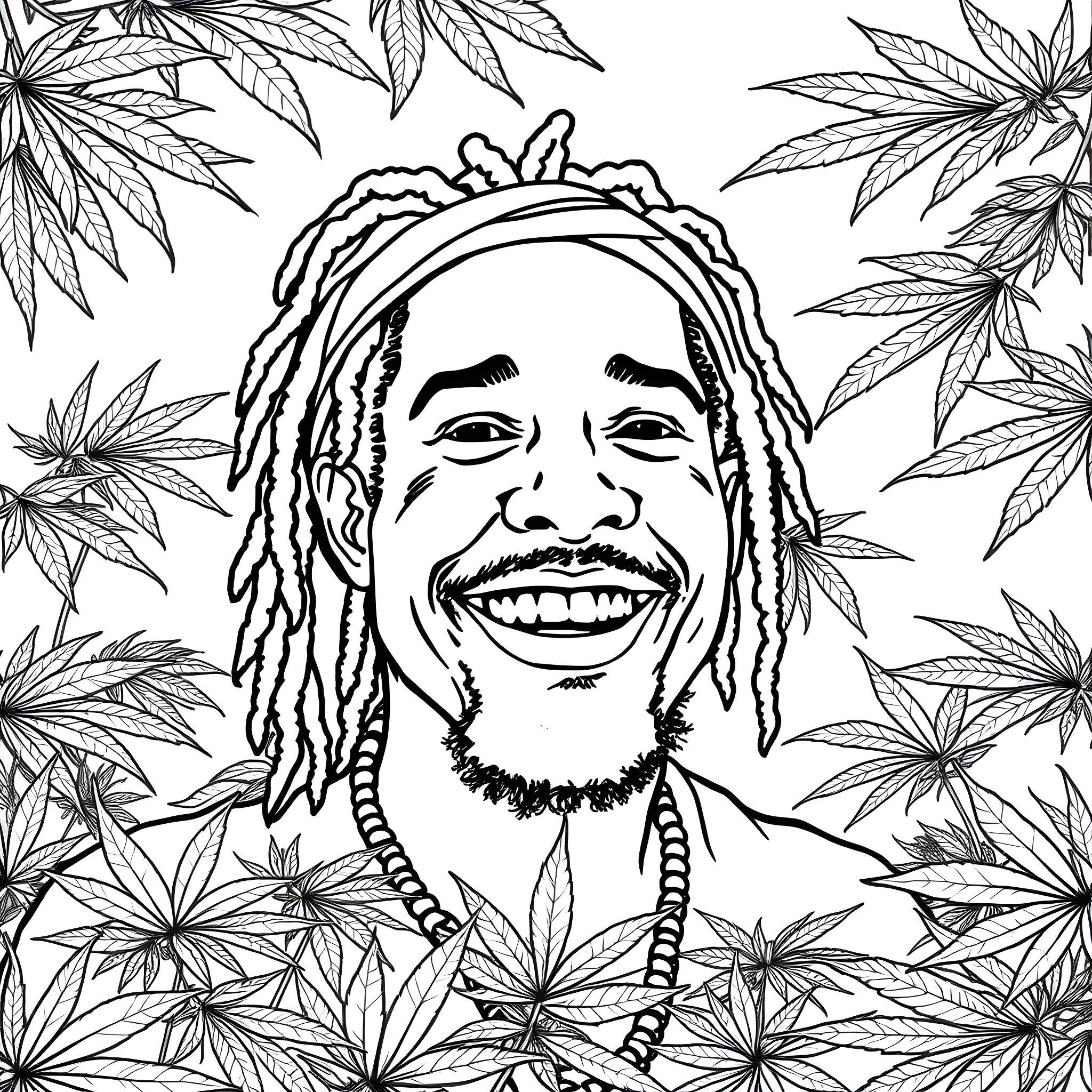 Reggae Man surrounded by marijuana leaves Coloring Page (free black-and-white line drawing printable PDF for all, from beginners to advanced learners, including children, teens, adults, and seniors)