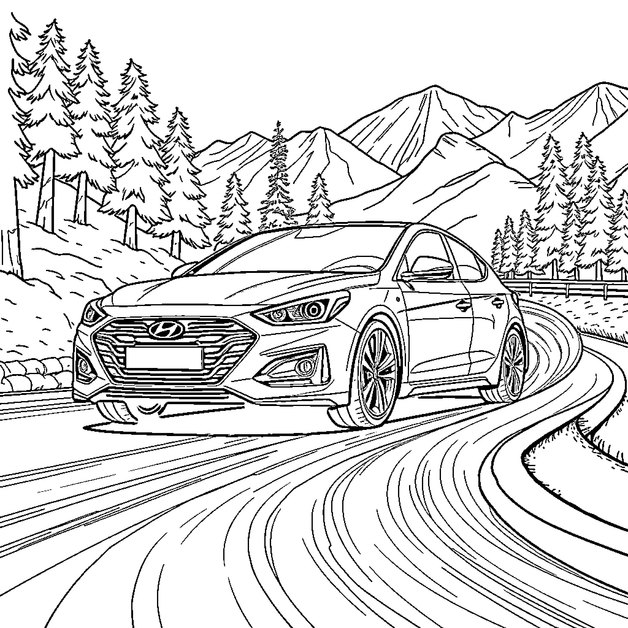 Car driving through scenic mountain landscape Coloring Page (free black-and-white line drawing printable PDF for all, from beginners to advanced learners, including children, teens, adults, and seniors)