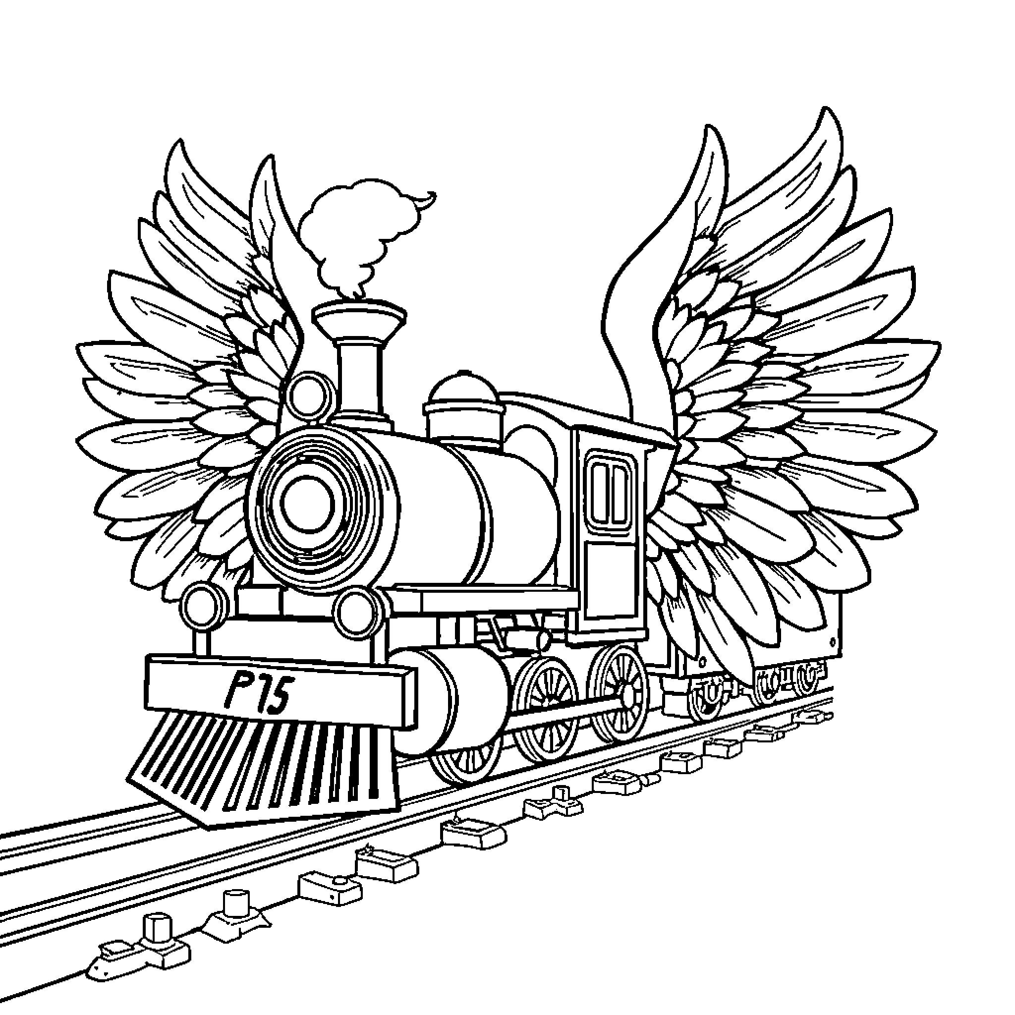 Train with winged design riding on tracks Coloring Page (free black-and-white line drawing printable PDF for all, from beginners to advanced learners, including children, teens, adults, and seniors)