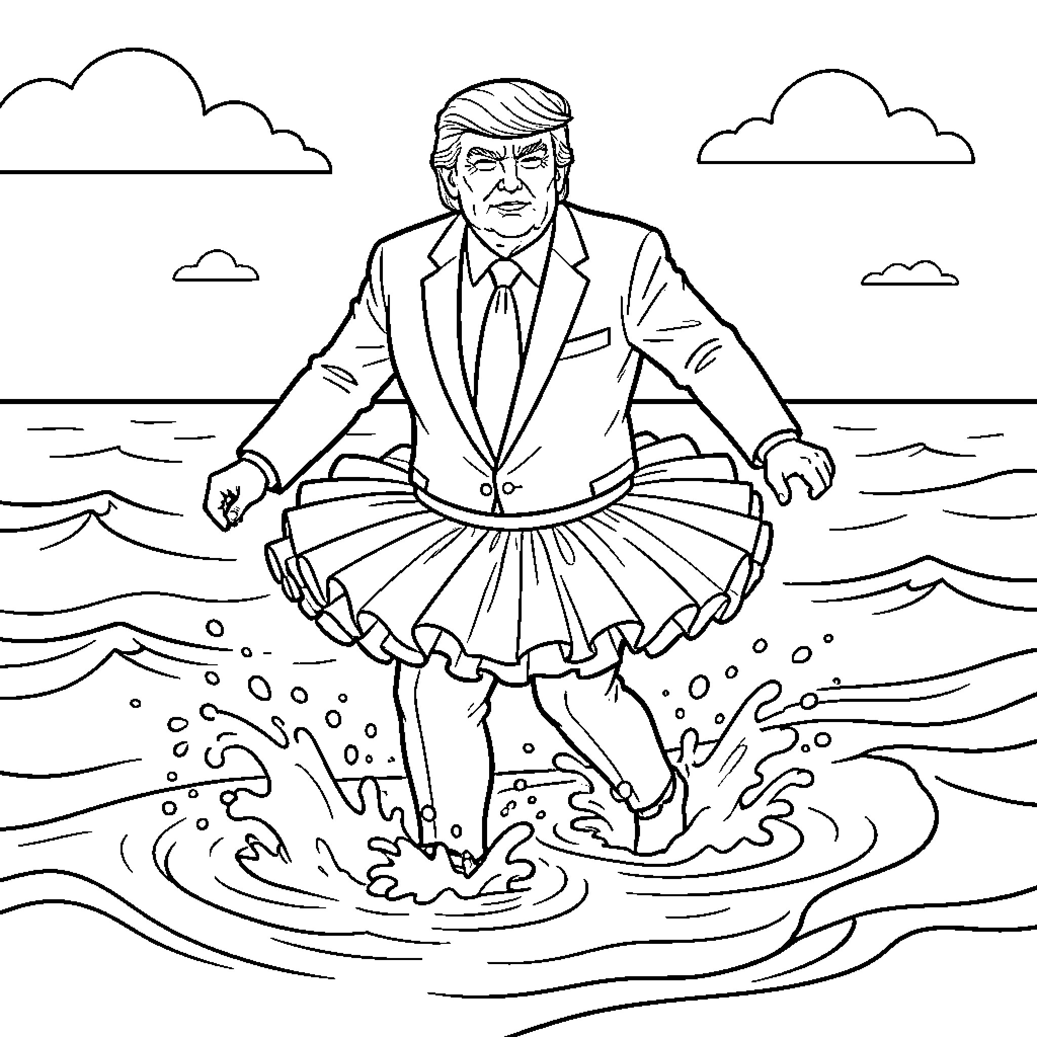 Trump wearing a tutu while splashing in the ocean Coloring Page (free black-and-white line drawing printable PDF for all, from beginners to advanced learners, including children, teens, adults, and seniors)