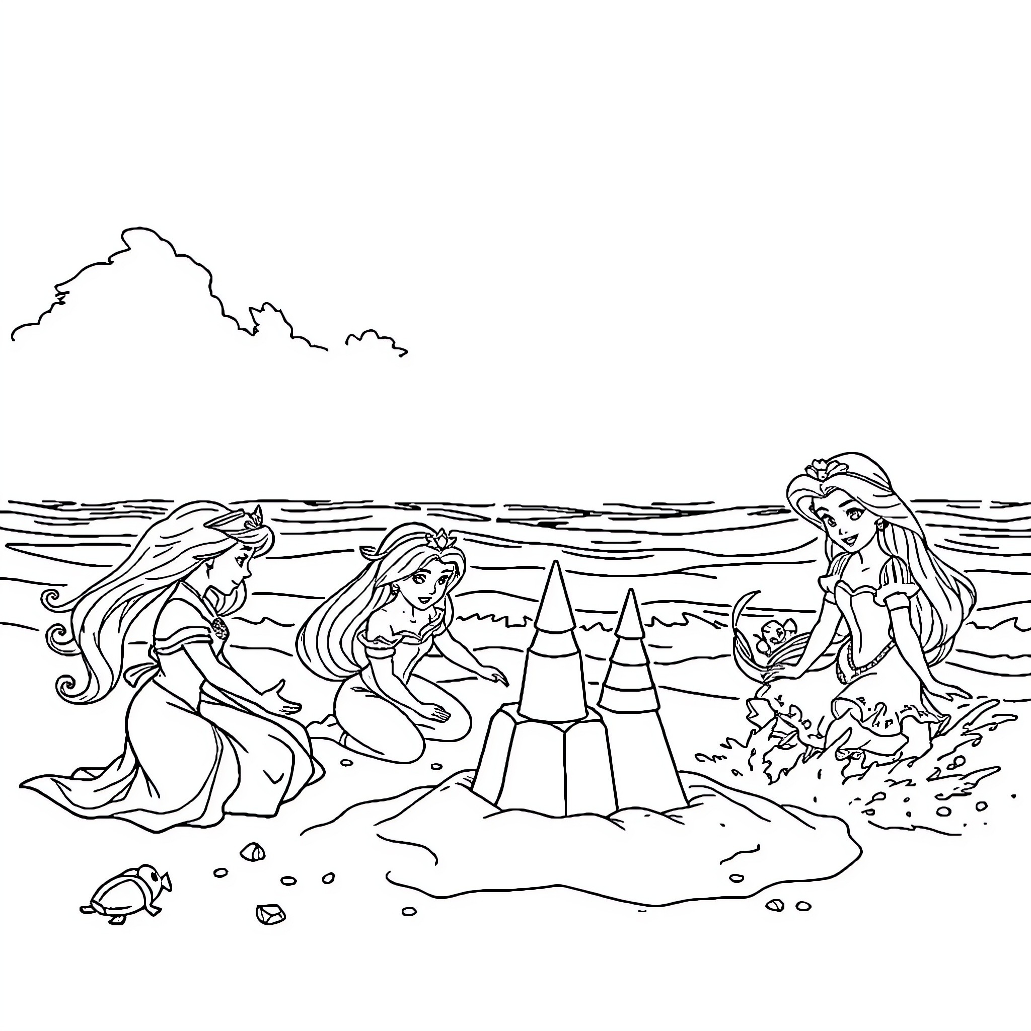 Princess Mermaids Building a Sandcastle on the Beach Coloring Page (free black-and-white line drawing printable PDF for all, from beginners to advanced learners, including children, teens, adults, and seniors)