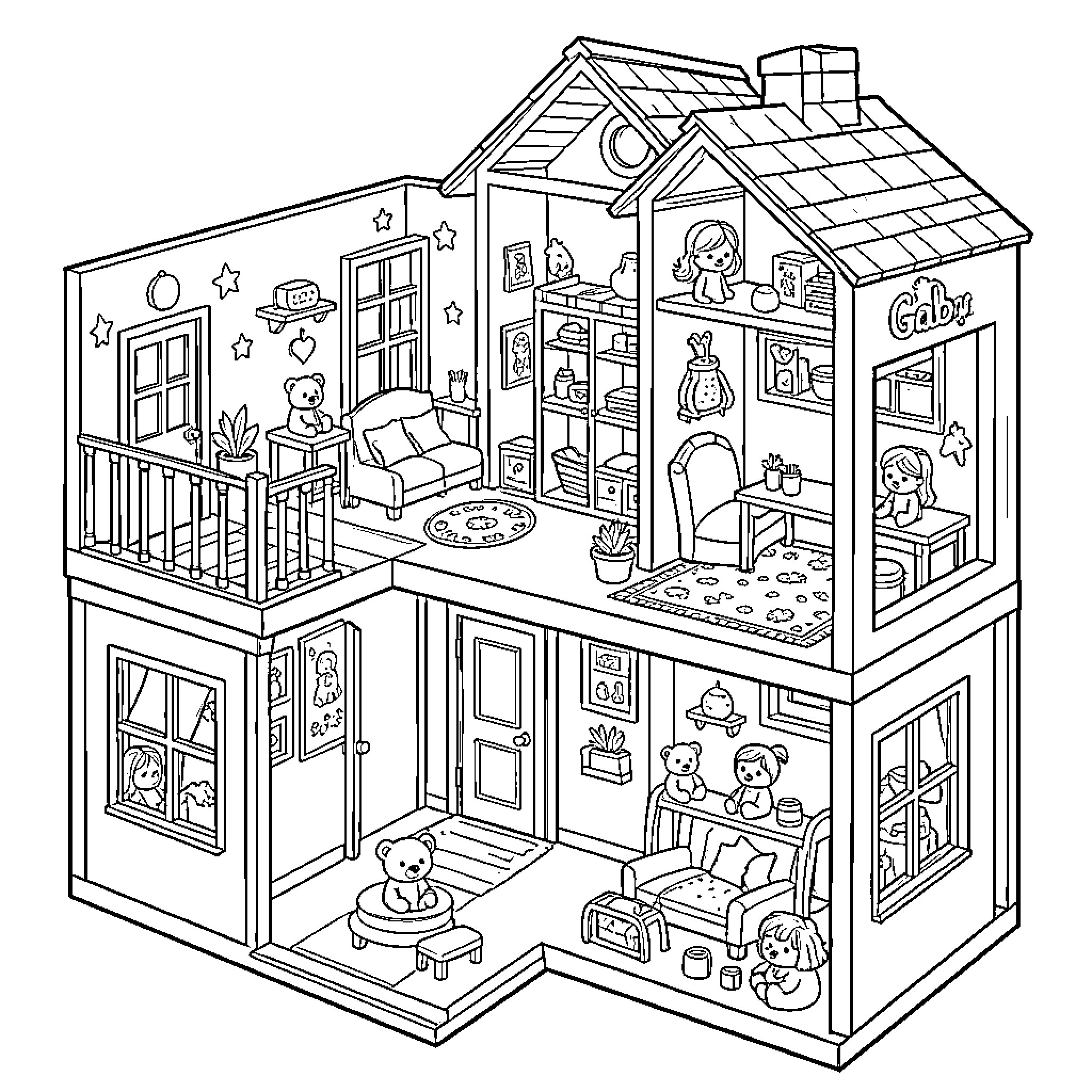Gabby exploring different rooms in a dollhouse Coloring Page (free black-and-white line drawing printable PDF for all, from beginners to advanced learners, including children, teens, adults, and seniors)