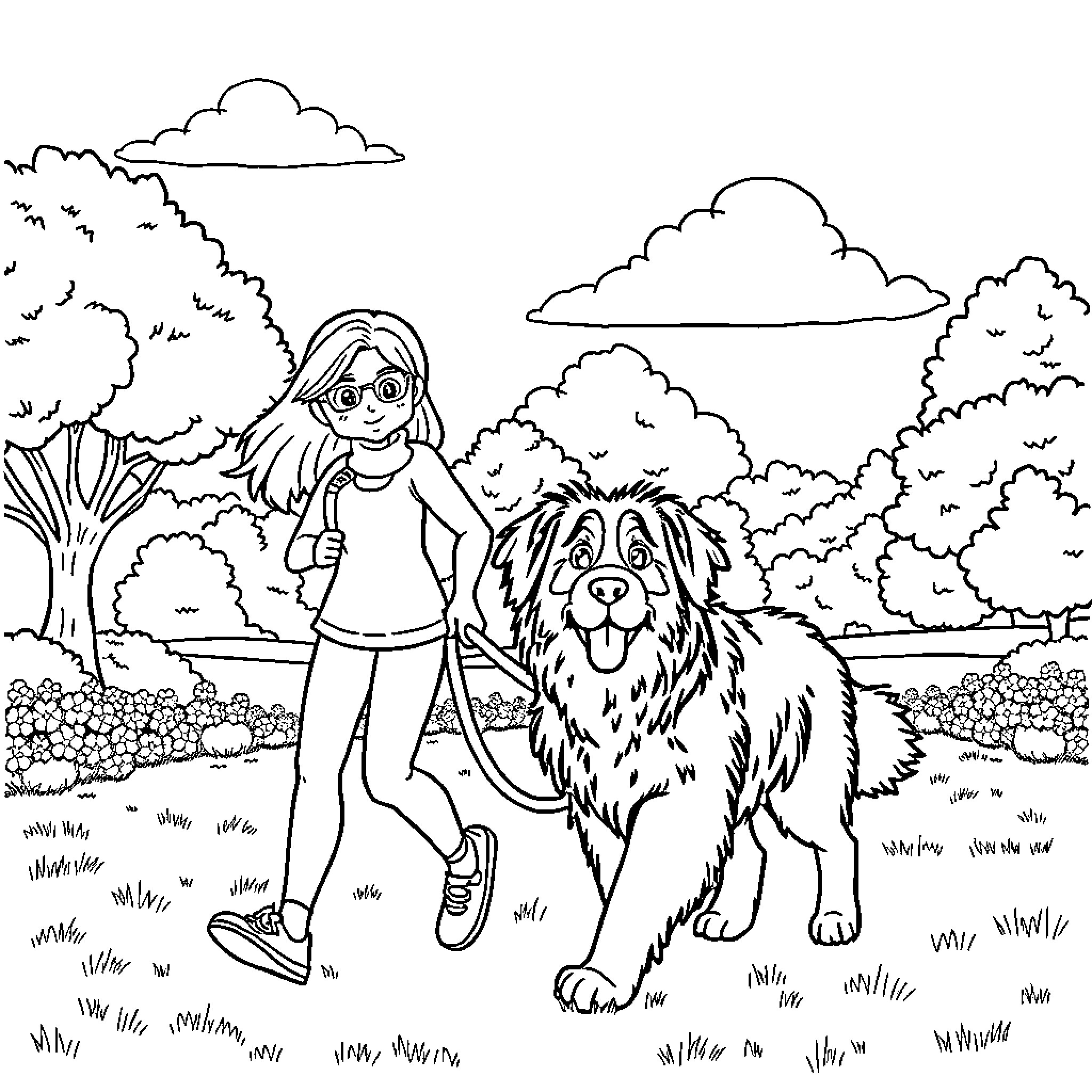 Bluey walking her big furry friend in the park Coloring Page (free black-and-white line drawing printable PDF for all, from beginners to advanced learners, including children, teens, adults, and seniors)