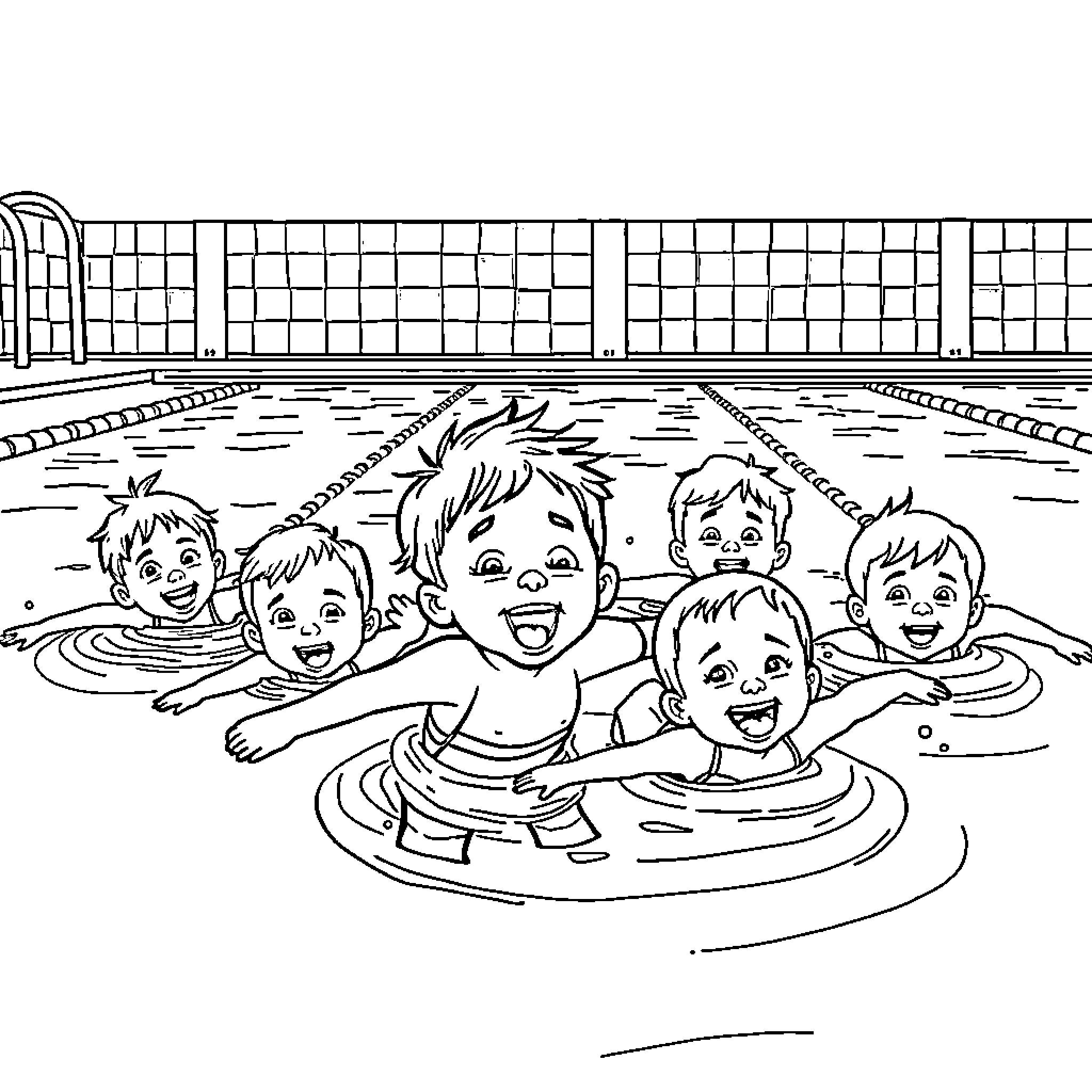 Children playing happily in the swimming pool Coloring Page (free black-and-white line drawing printable PDF for all, from beginners to advanced learners, including children, teens, adults, and seniors)