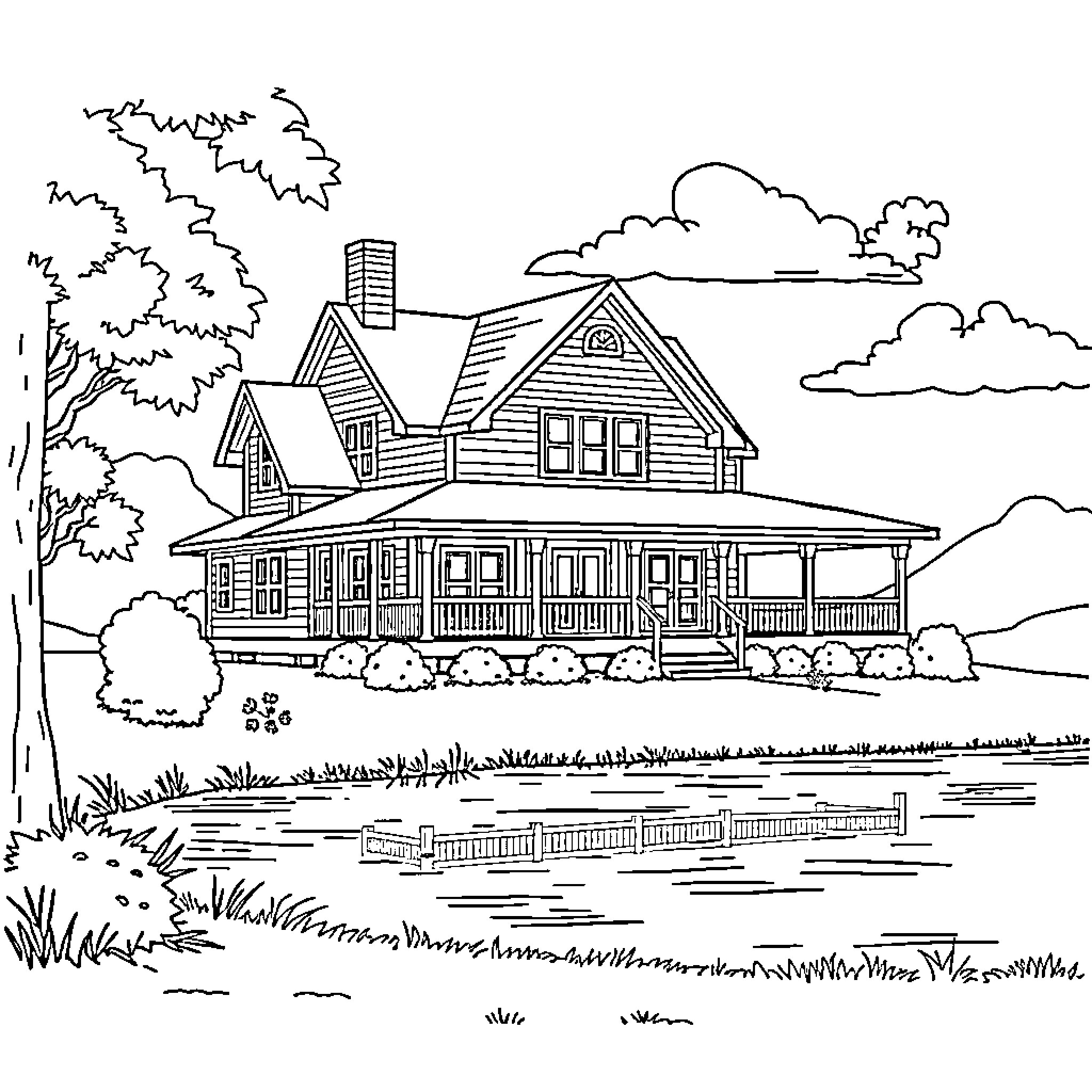 House with porch and trees in countryside landscape Coloring Page (free black-and-white line drawing printable PDF for all, from beginners to advanced learners, including children, teens, adults, and seniors)