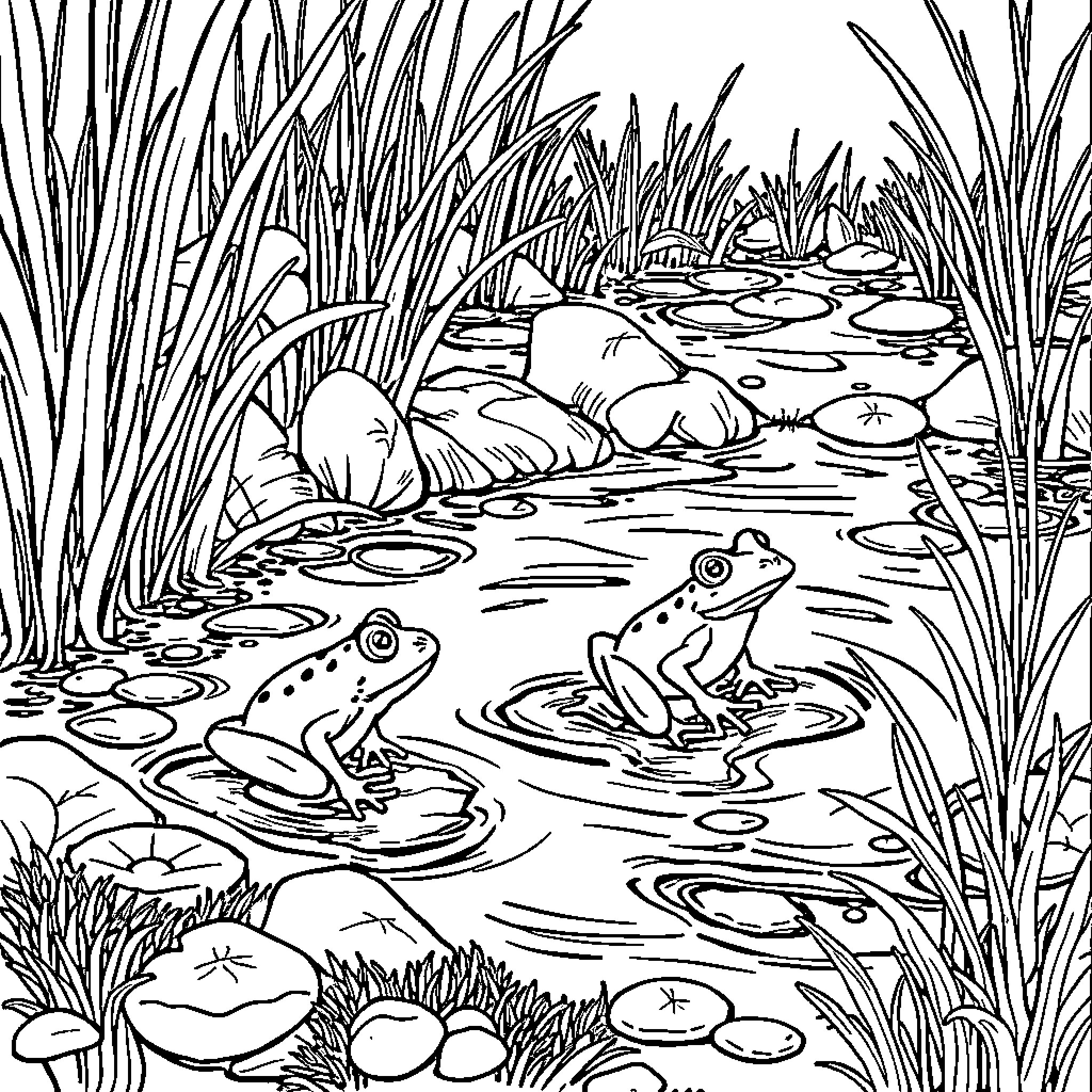 Frogs relaxing in a pond surrounded by nature Coloring Page (free black-and-white line drawing printable PDF for all, from beginners to advanced learners, including children, teens, adults, and seniors)
