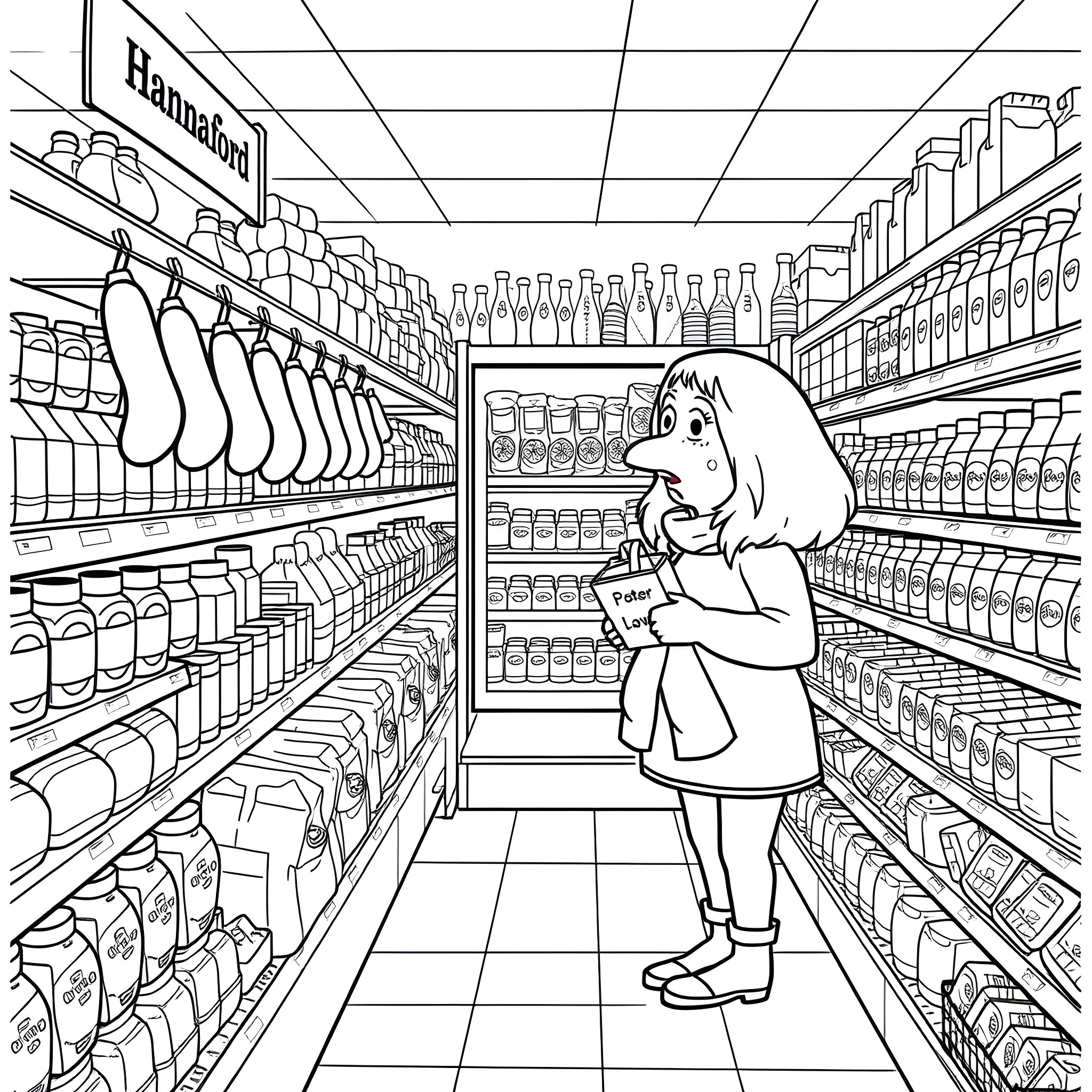 Stevie Griffin shopping in a grocery store Coloring Page (free black-and-white line drawing printable PDF for all, from beginners to advanced learners, including children, teens, adults, and seniors)