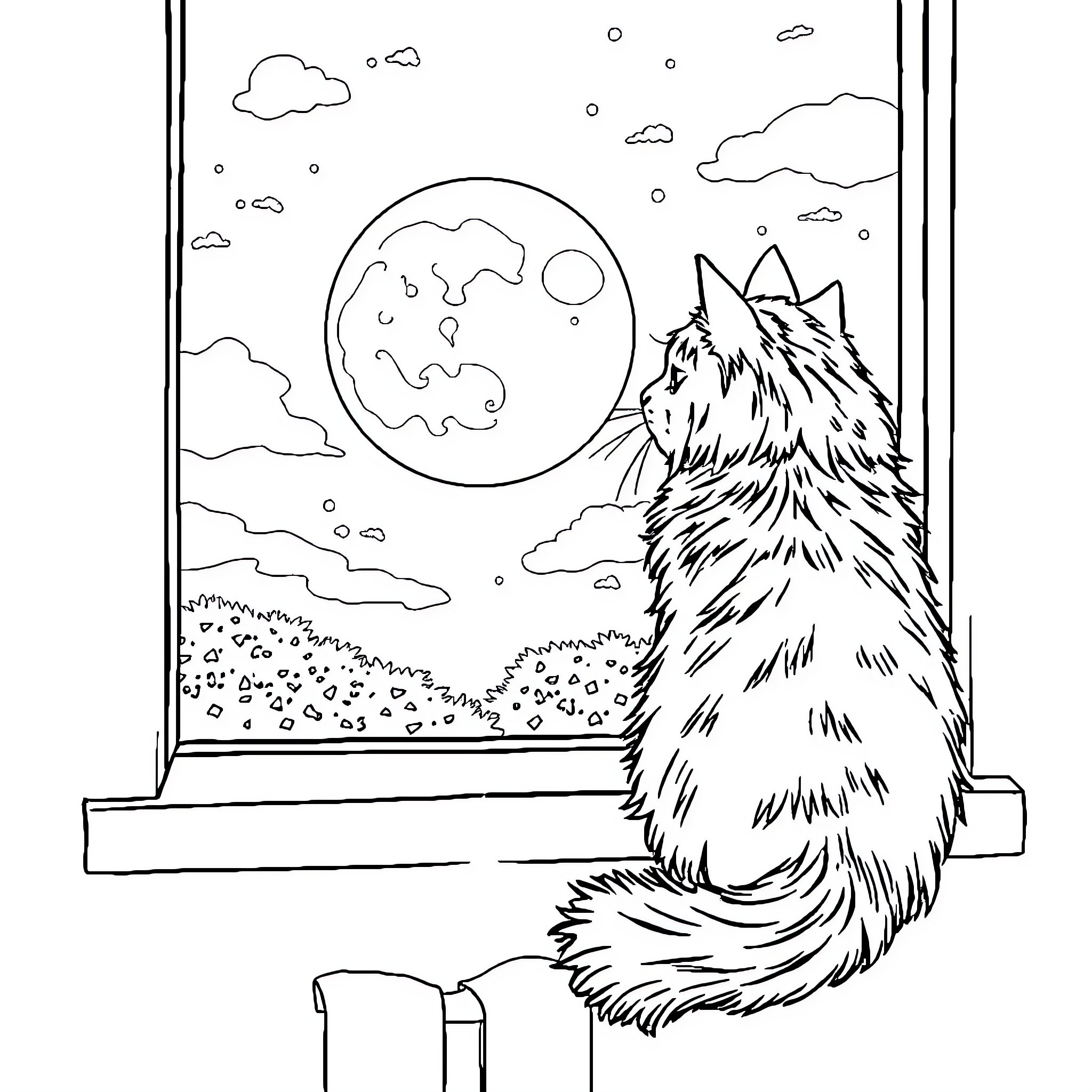 Cat gazing at the moon on a starry night Coloring Page (free black-and-white line drawing printable PDF for all, from beginners to advanced learners, including children, teens, adults, and seniors)