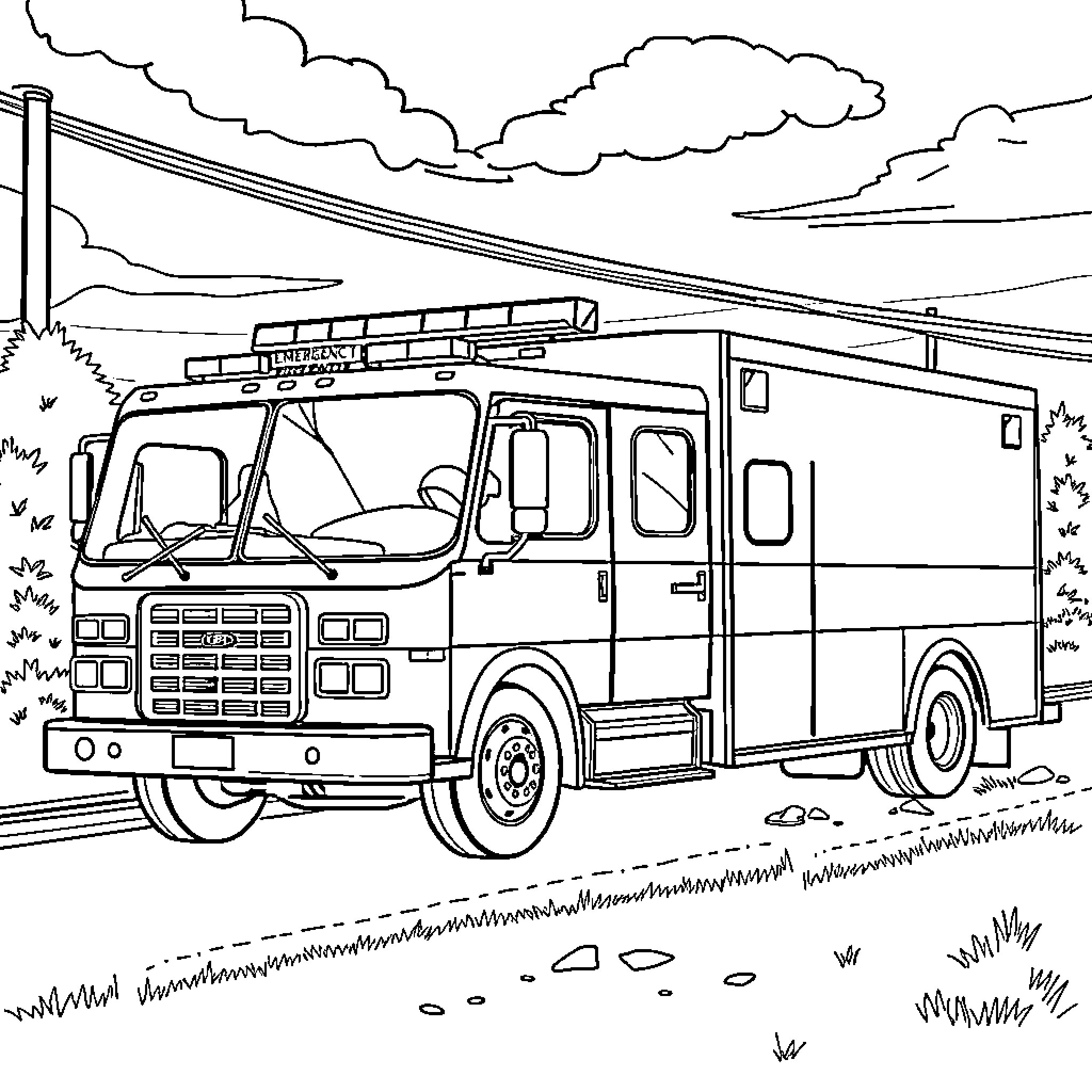 Truck emergency vehicle on road surrounded by clouds Coloring Page (free black-and-white line drawing printable PDF for all, from beginners to advanced learners, including children, teens, adults, and seniors)