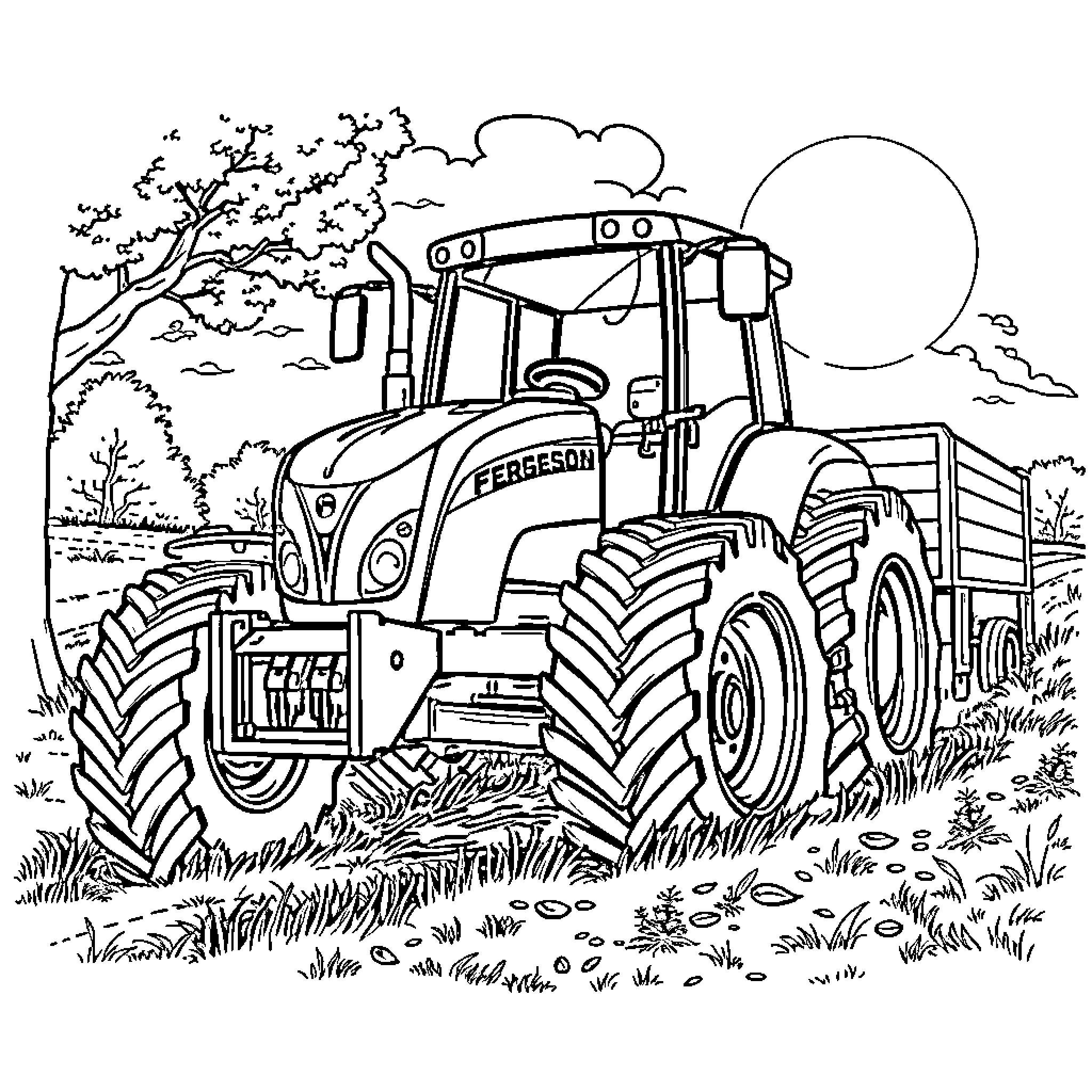 Tractor plowing a field in a rural landscape Coloring Page (free black-and-white line drawing printable PDF for all, from beginners to advanced learners, including children, teens, adults, and seniors)