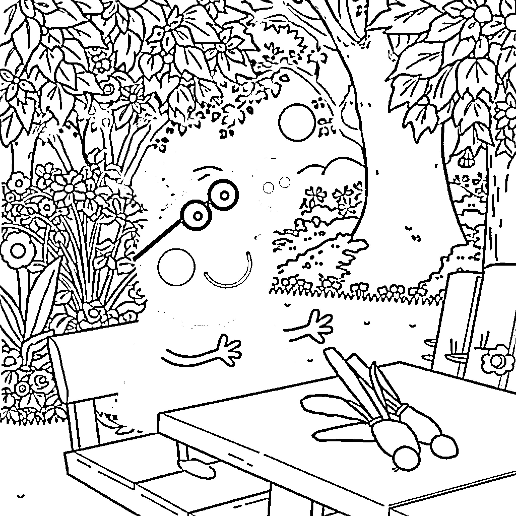 Peppa Pig playing in the enchanted forest Coloring Page (free black-and-white line drawing printable PDF for all, from beginners to advanced learners, including children, teens, adults, and seniors)