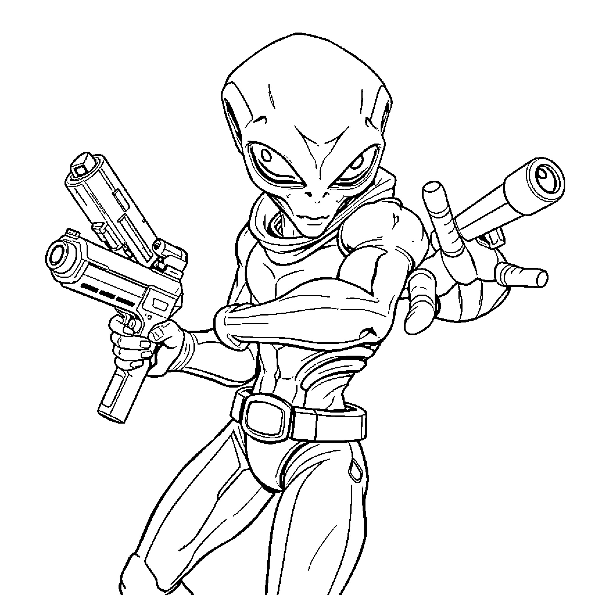 Alien Bounty Hunter with Futuristic Weapons Coloring Page (free black-and-white line drawing printable PDF for all, from beginners to advanced learners, including children, teens, adults, and seniors)