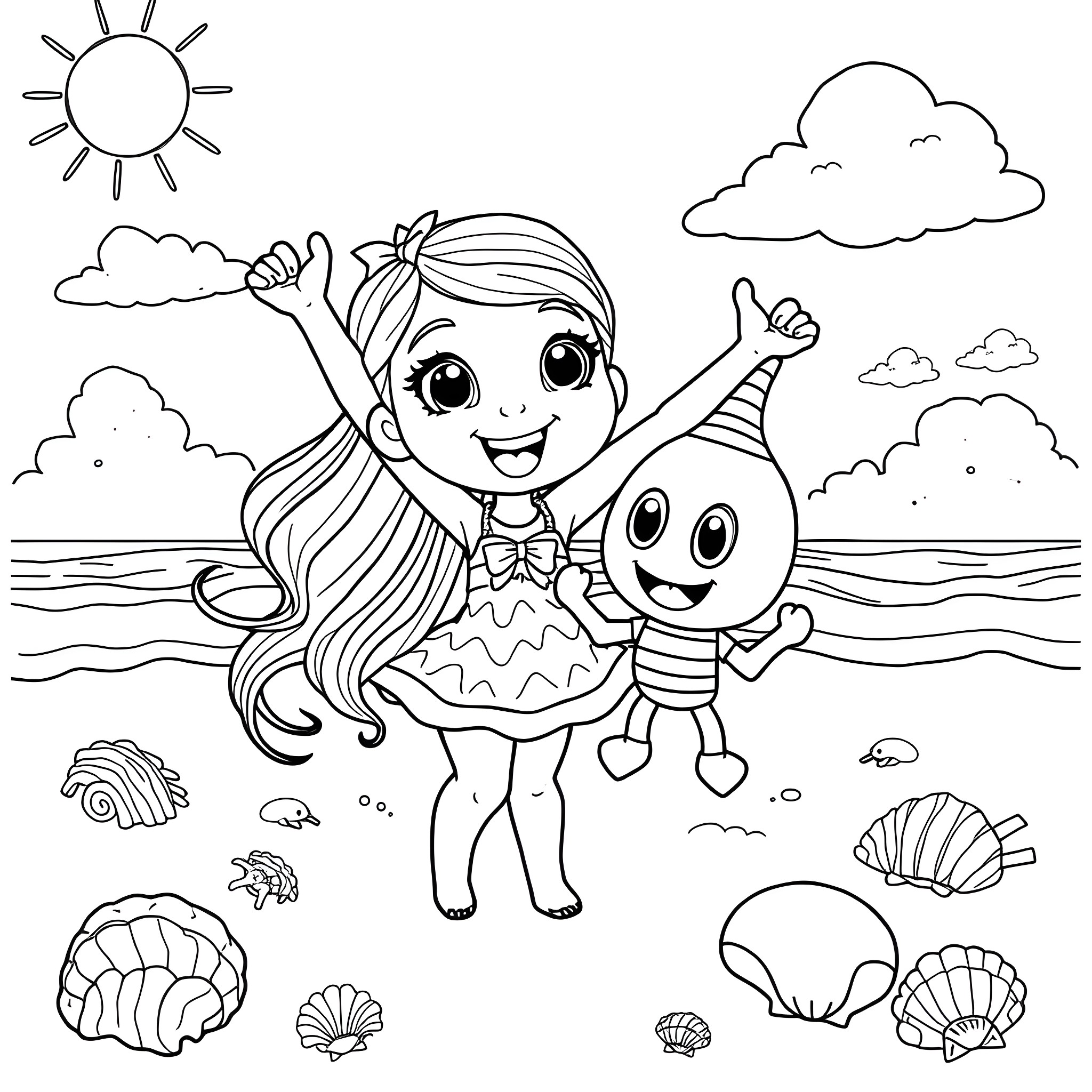 Gabby having fun at the beach with her friend Coloring Page (free black-and-white line drawing printable PDF for all, from beginners to advanced learners, including children, teens, adults, and seniors)