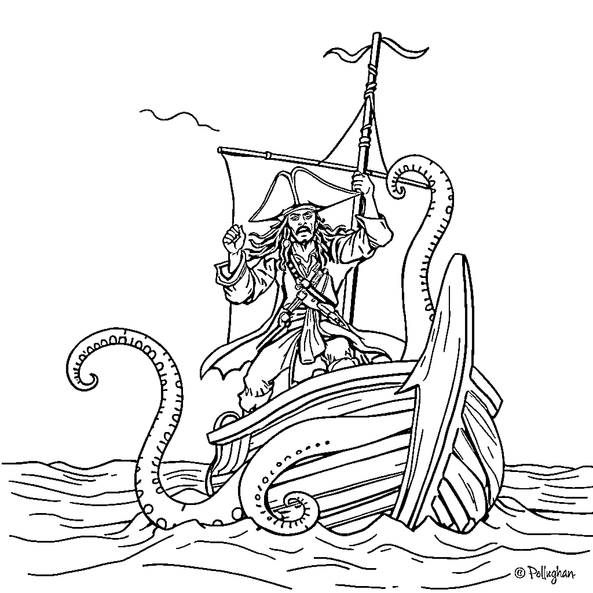 Jack Sparrow's Seafaring Adventure on the High Seas Coloring Page (free black-and-white line drawing printable PDF for all, from beginners to advanced learners, including children, teens, adults, and seniors)