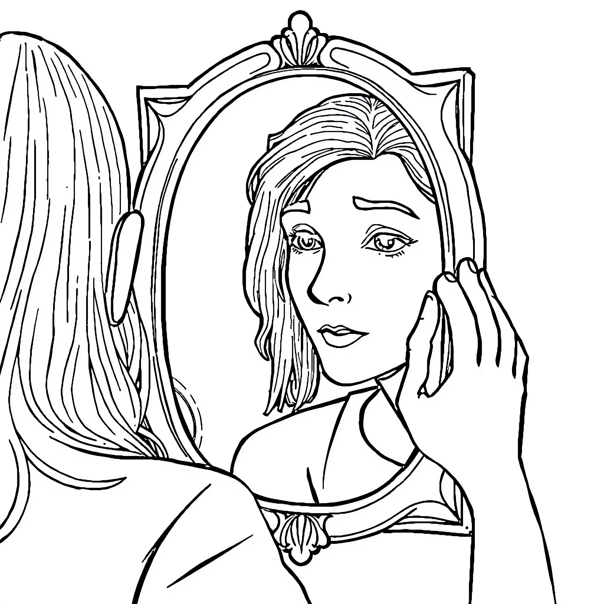 Self-Reflection in the Mirror Coloring Page (free black-and-white line drawing printable PDF for all, from beginners to advanced learners, including children, teens, adults, and seniors)