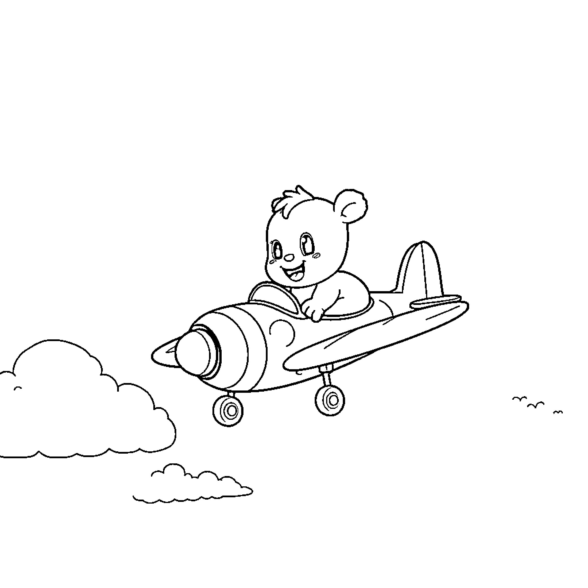 Bluey riding a toy airplane in the sky Coloring Page (free black-and-white line drawing printable PDF for all, from beginners to advanced learners, including children, teens, adults, and seniors)