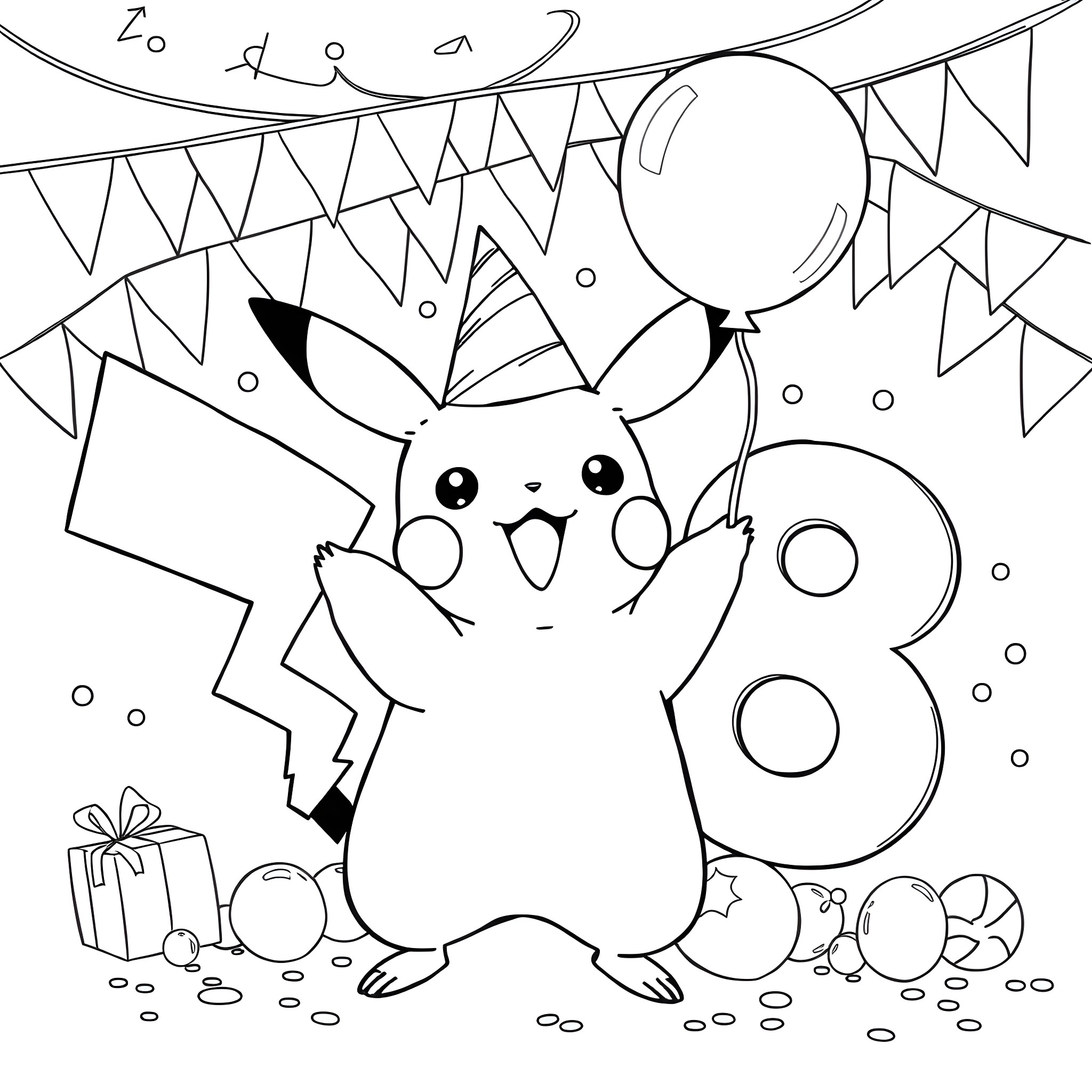 Pikachu celebrating a party with balloons and decorations Coloring Page (free black-and-white line drawing printable PDF for all, from beginners to advanced learners, including children, teens, adults, and seniors)