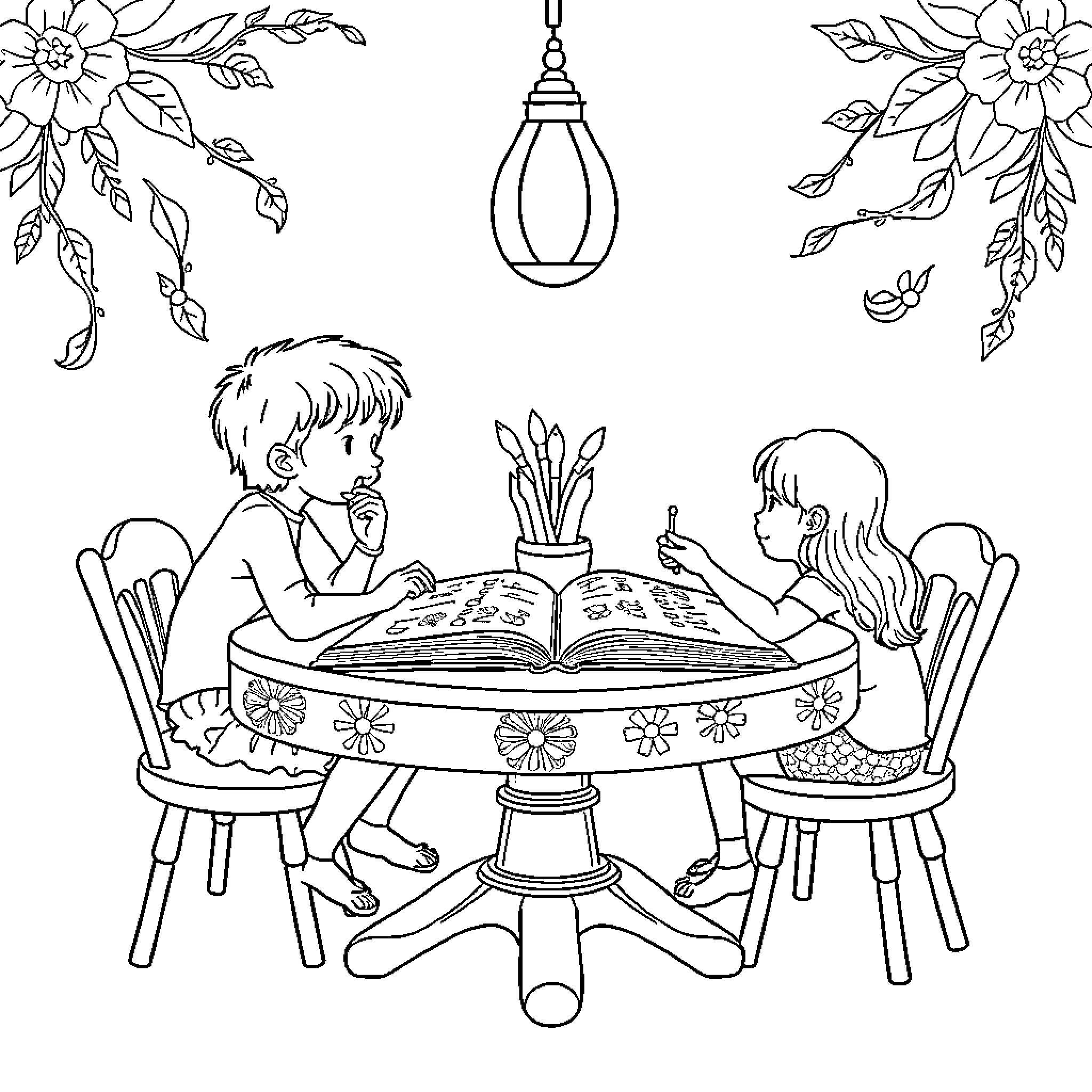 Ragazzini at play with books and flowers Coloring Page (free black-and-white line drawing printable PDF for all, from beginners to advanced learners, including children, teens, adults, and seniors)