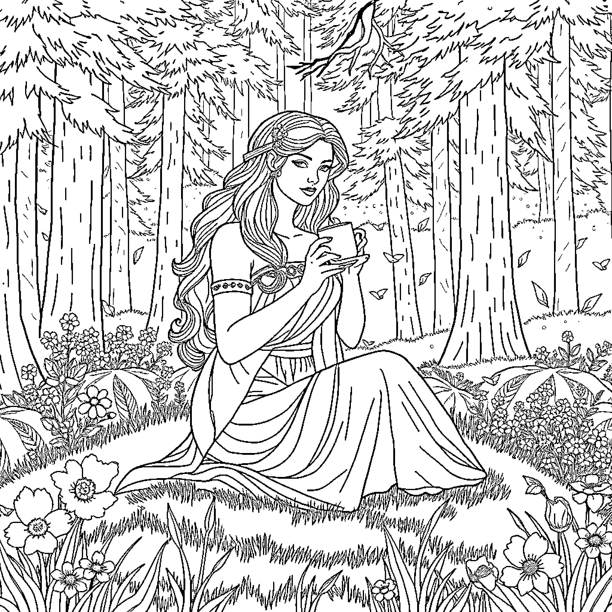 Goddess in a Serene Forest Sanctuary Coloring Page (free black-and-white line drawing printable PDF for all, from beginners to advanced learners, including children, teens, adults, and seniors)
