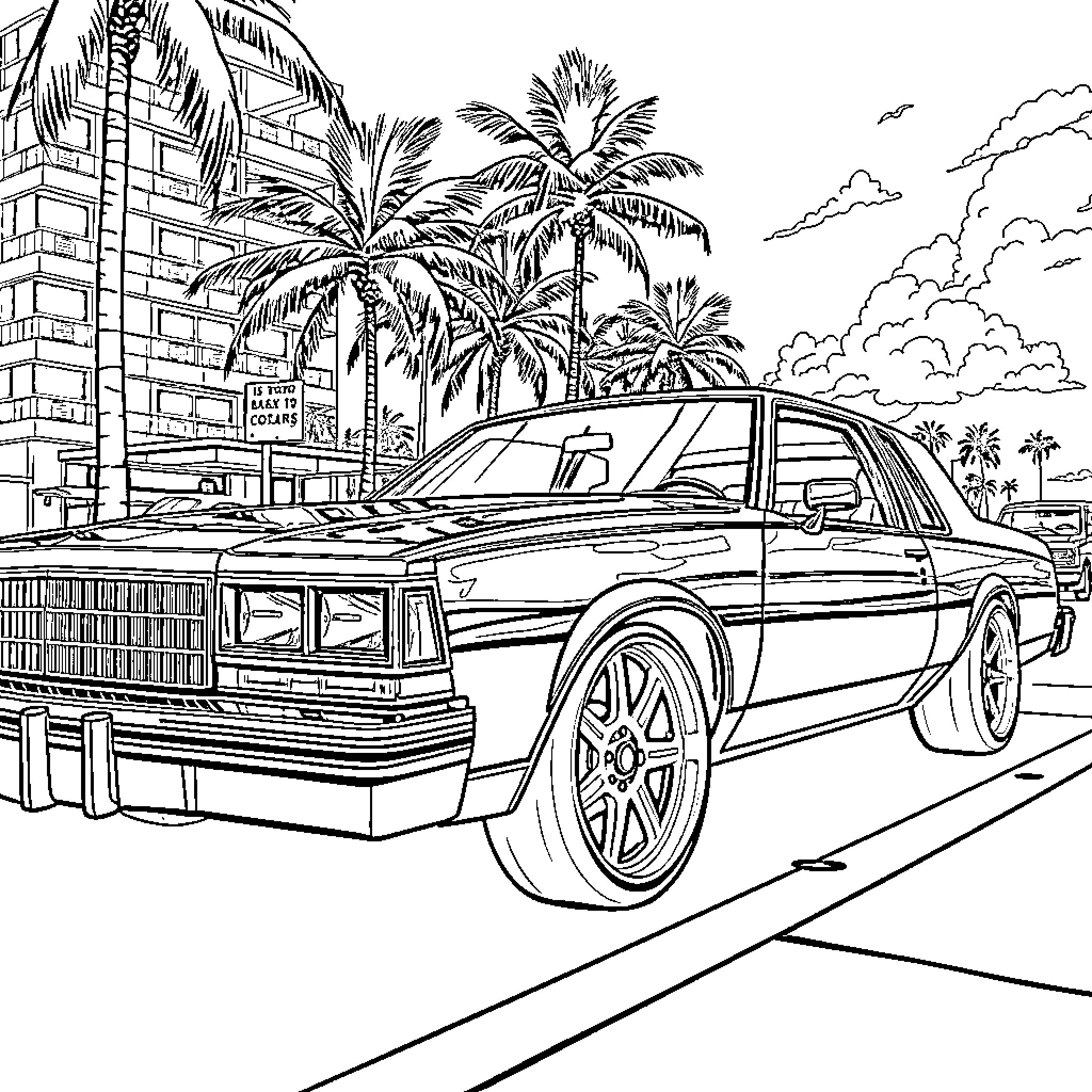 Chevy classic car in tropical paradise Coloring Page (free black-and-white line drawing printable PDF for all, from beginners to advanced learners, including children, teens, adults, and seniors)
