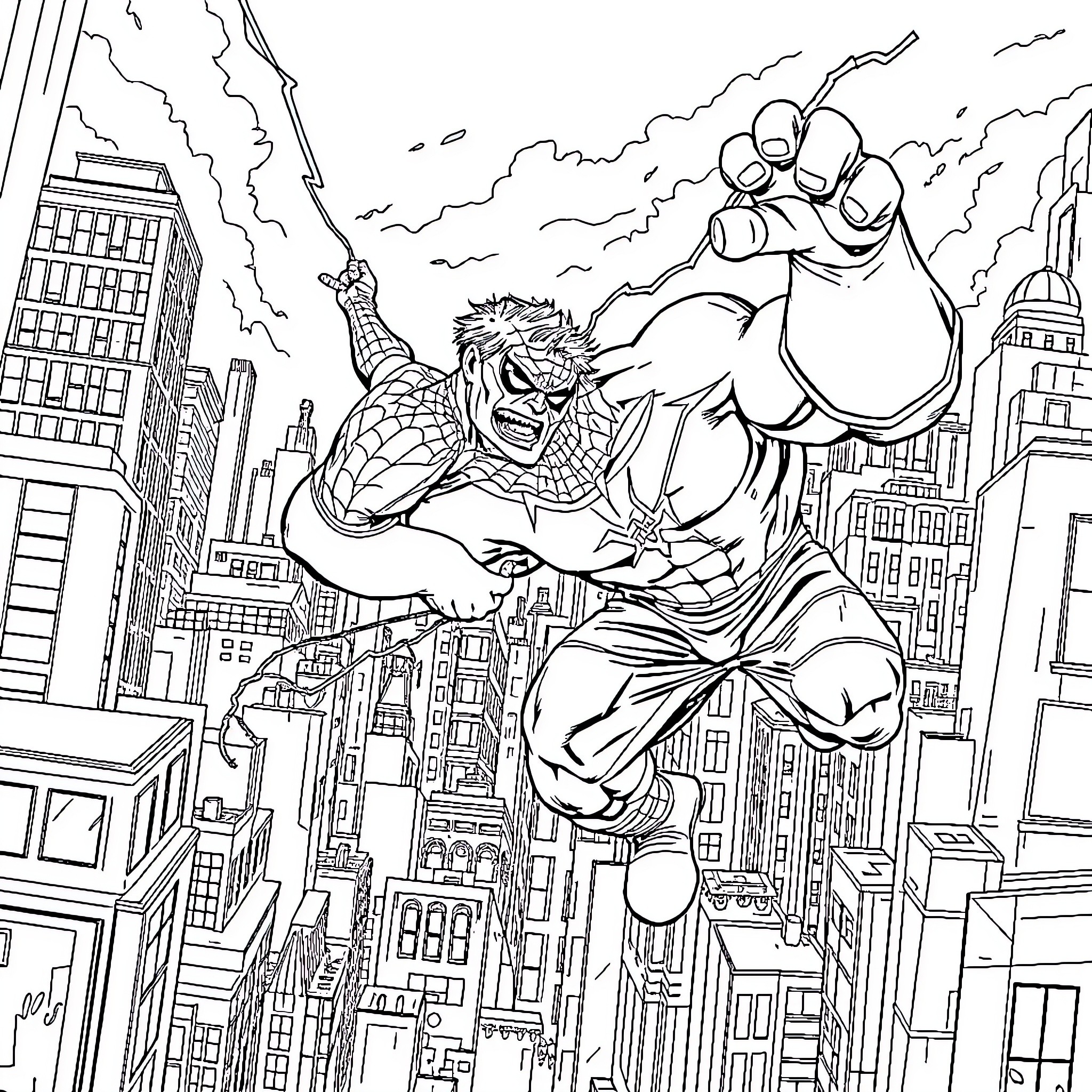 Spider-Man swinging through the city with heroic action Coloring Page (free black-and-white line drawing printable PDF for all, from beginners to advanced learners, including children, teens, adults, and seniors)