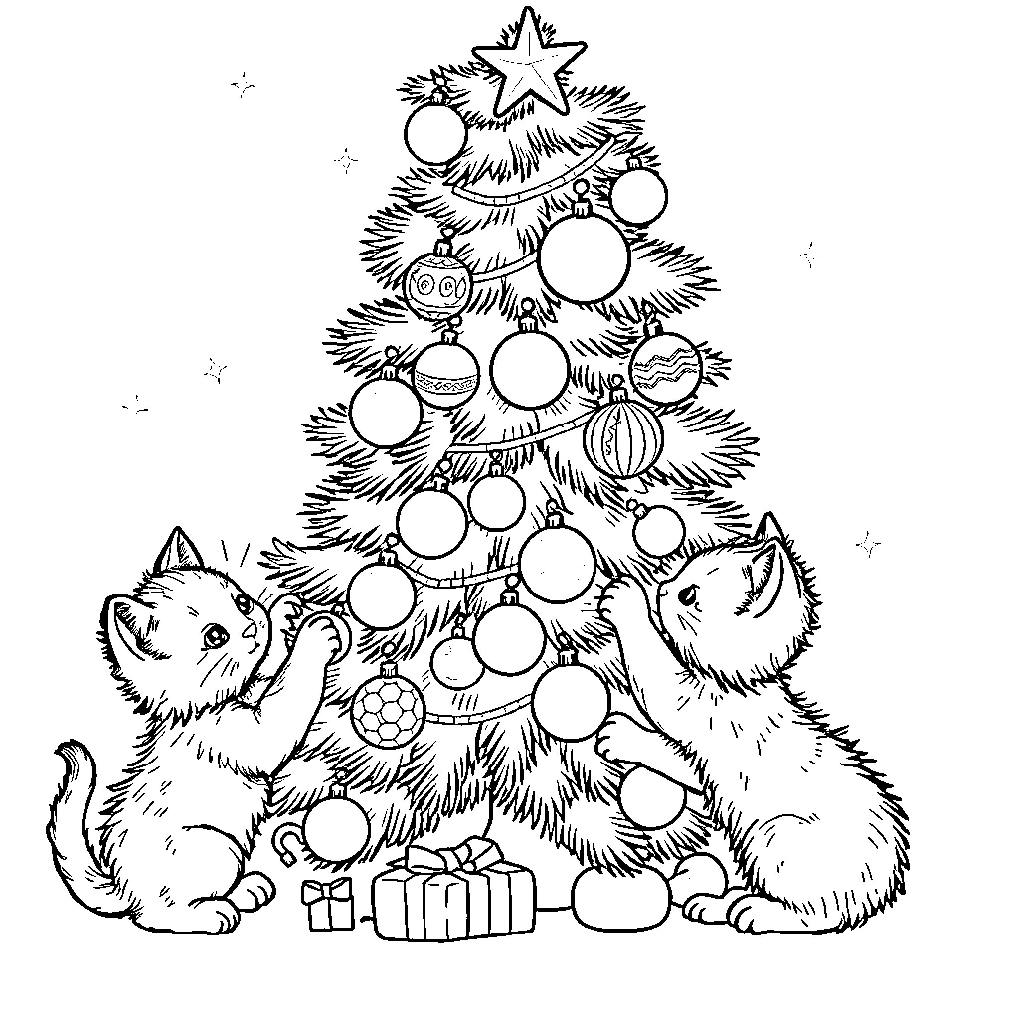 Kittens playing around Christmas tree Coloring Page (free black-and-white line drawing printable PDF for all, from beginners to advanced learners, including children, teens, adults, and seniors)