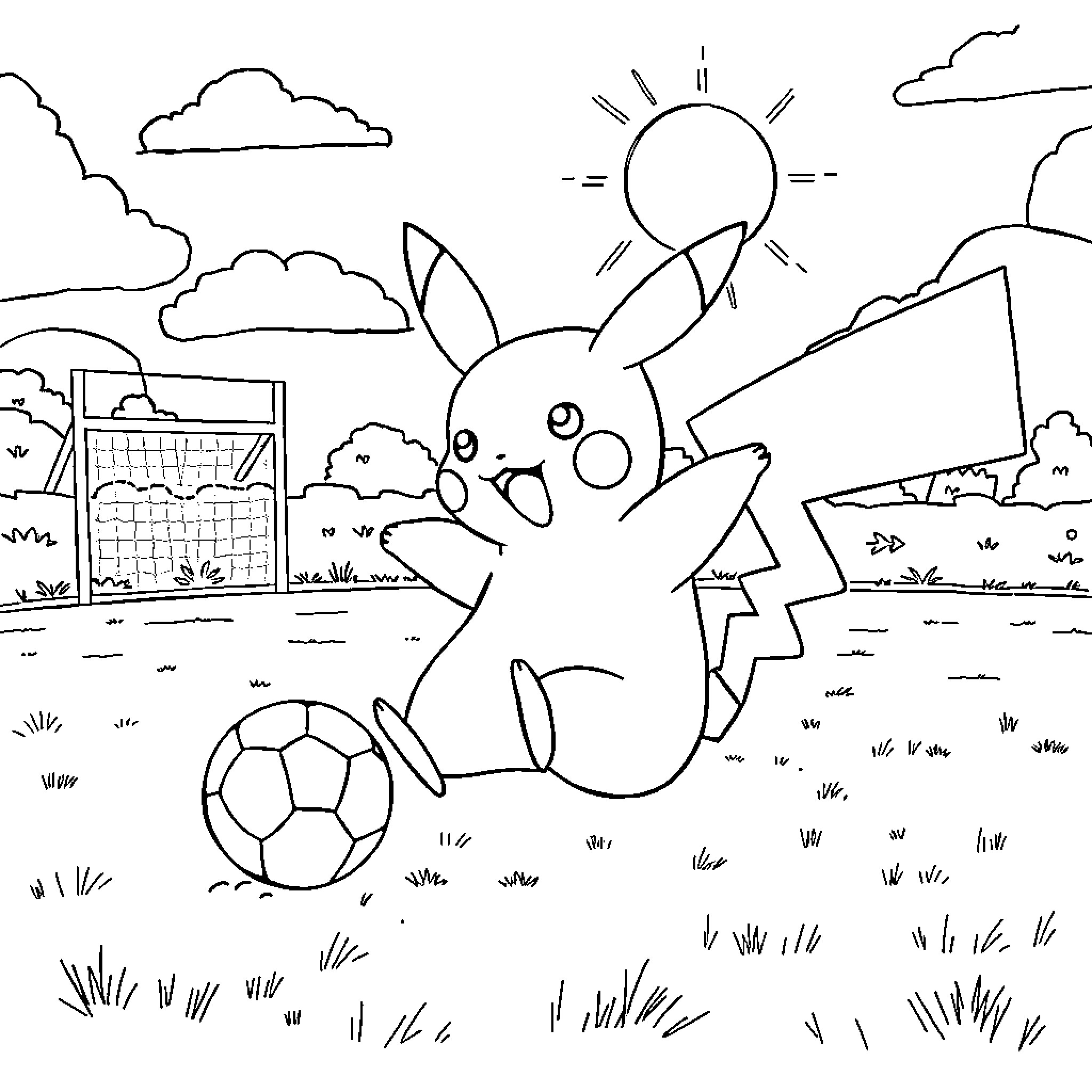 Pikachu playing with soccer ball in the park Coloring Page (free black-and-white line drawing printable PDF for all, from beginners to advanced learners, including children, teens, adults, and seniors)