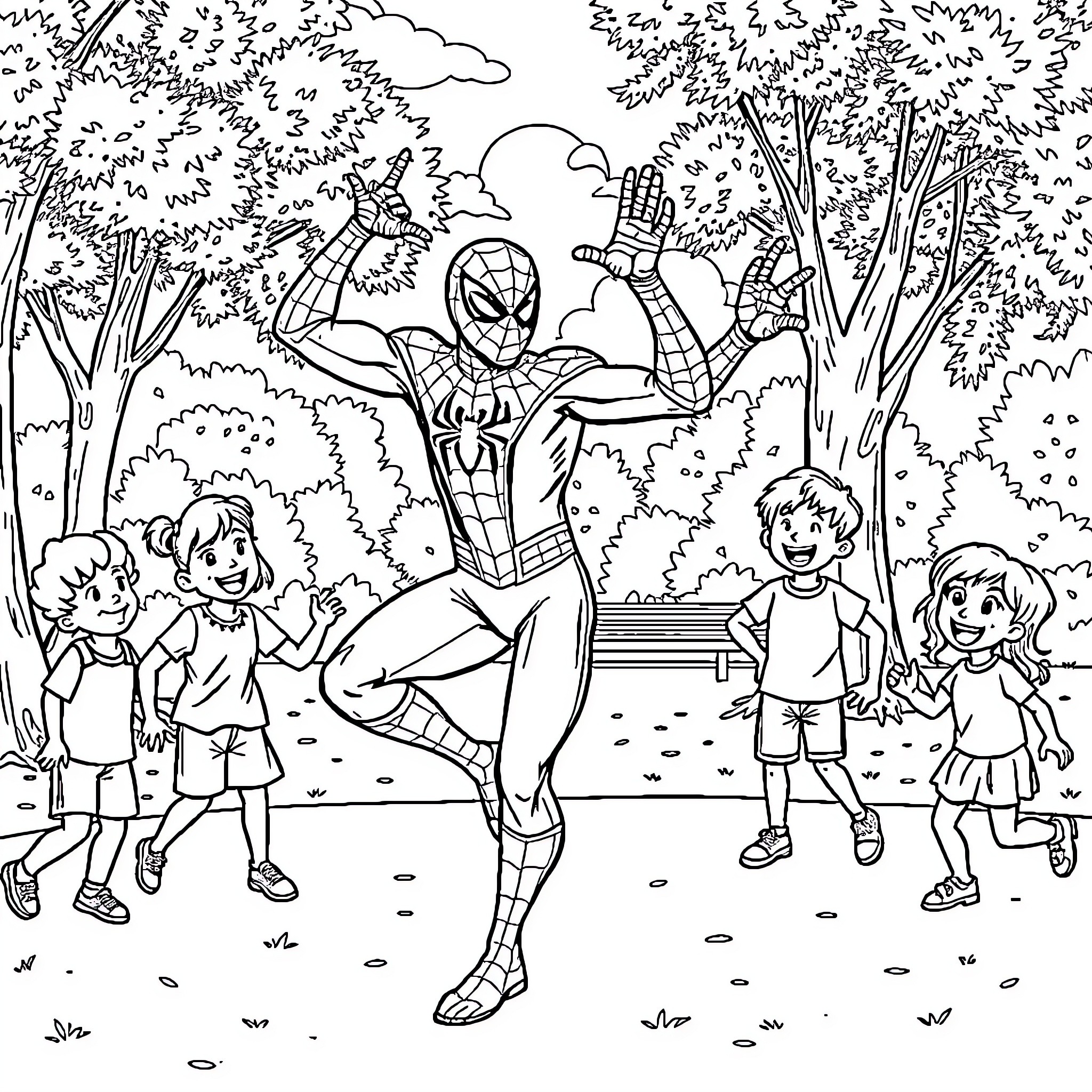 Spiderman Swinging and Interacting with Children in Park Coloring Page (free black-and-white line drawing printable PDF for all, from beginners to advanced learners, including children, teens, adults, and seniors)