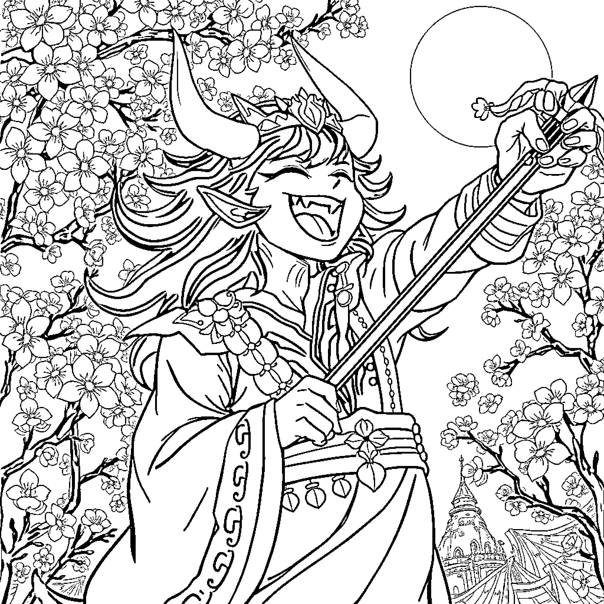 Rengoku's Fiery Determination in a Floral Realm Coloring Page (free black-and-white line drawing printable PDF for all, from beginners to advanced learners, including children, teens, adults, and seniors)